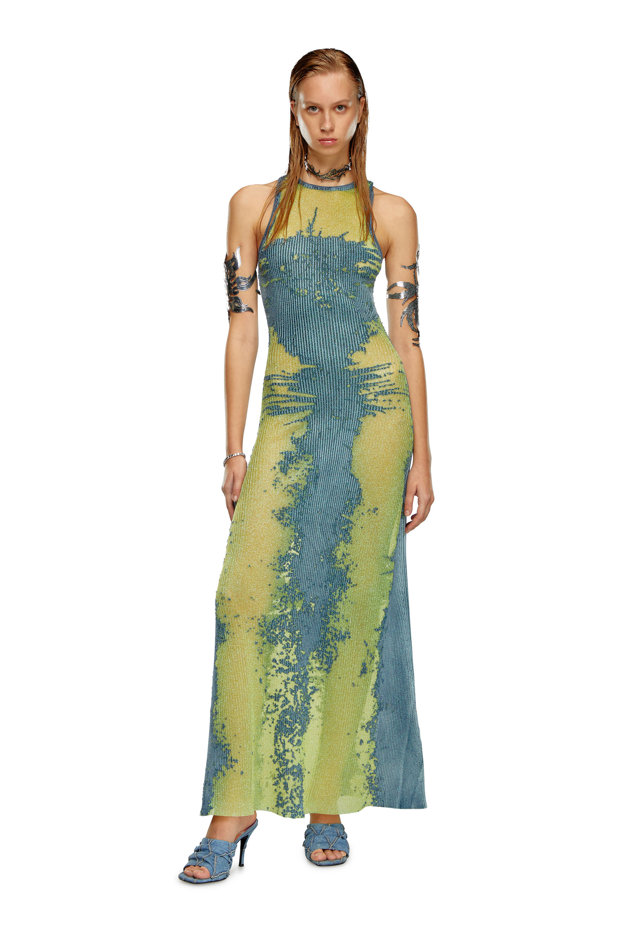 Diesel - M-MAGIAS, Woman's Long dress in devoré metallic knit in Blue/Yellow - 1