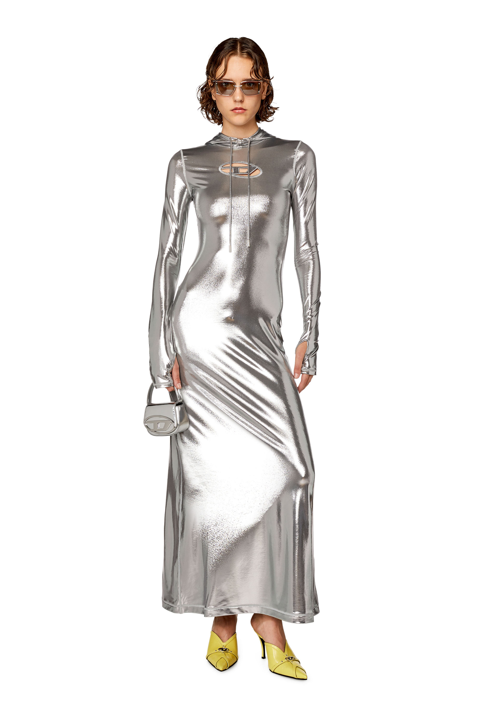 Diesel - D-MATHILDE-L1, Woman's Hoodie dress with shiny foil coating in Grey - 1