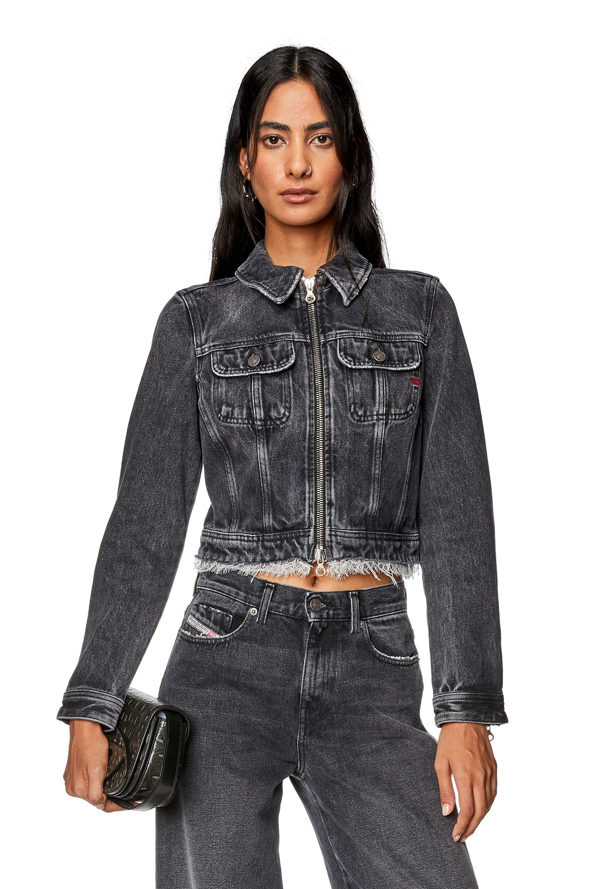 Diesel - DE-SLIMMY-Z-S, Woman's Slim-fit trucker jacket with lace details in Black - 1