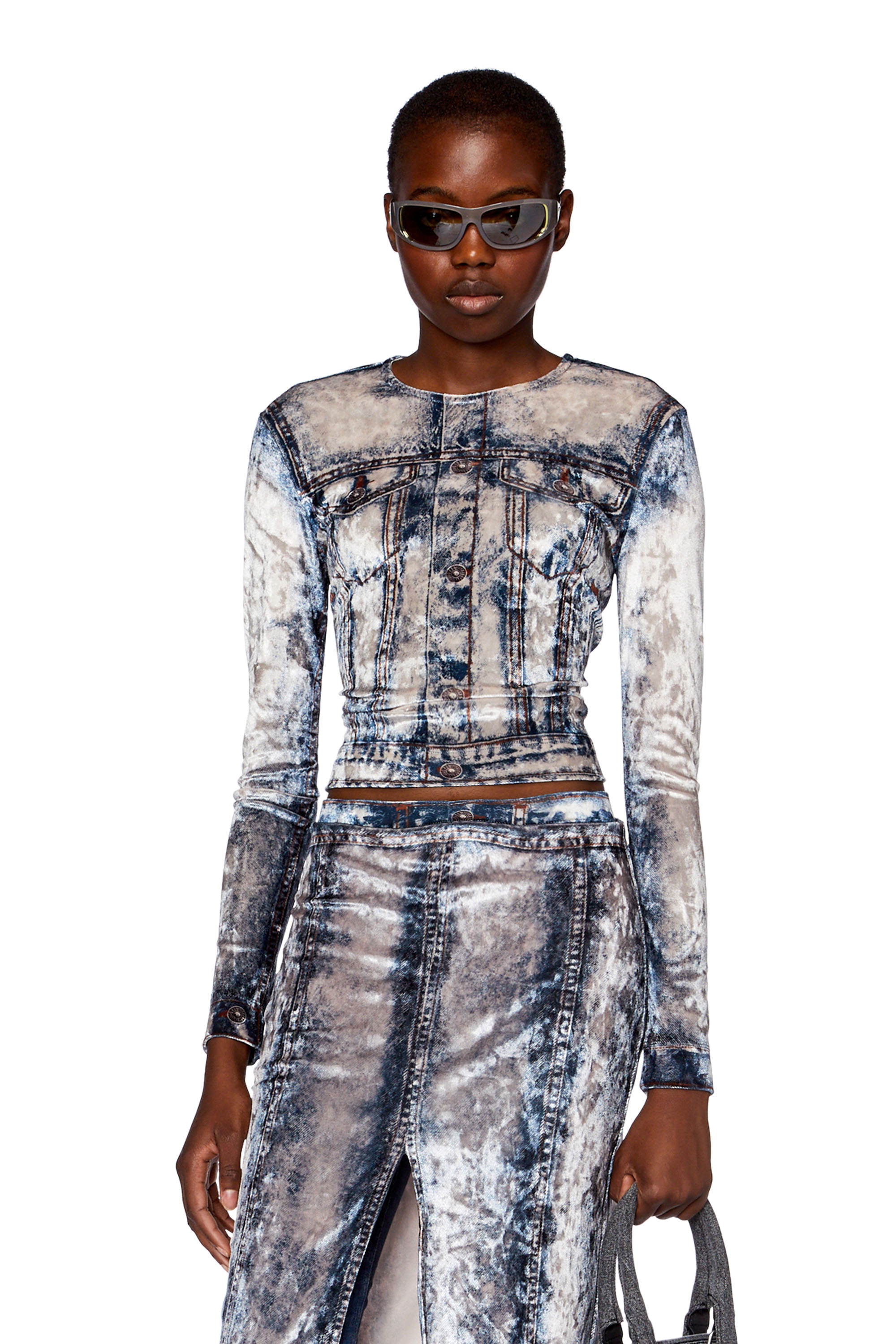 Diesel - T-CLAUVET, Woman's Chenille top with denim print in Medium blue - 1