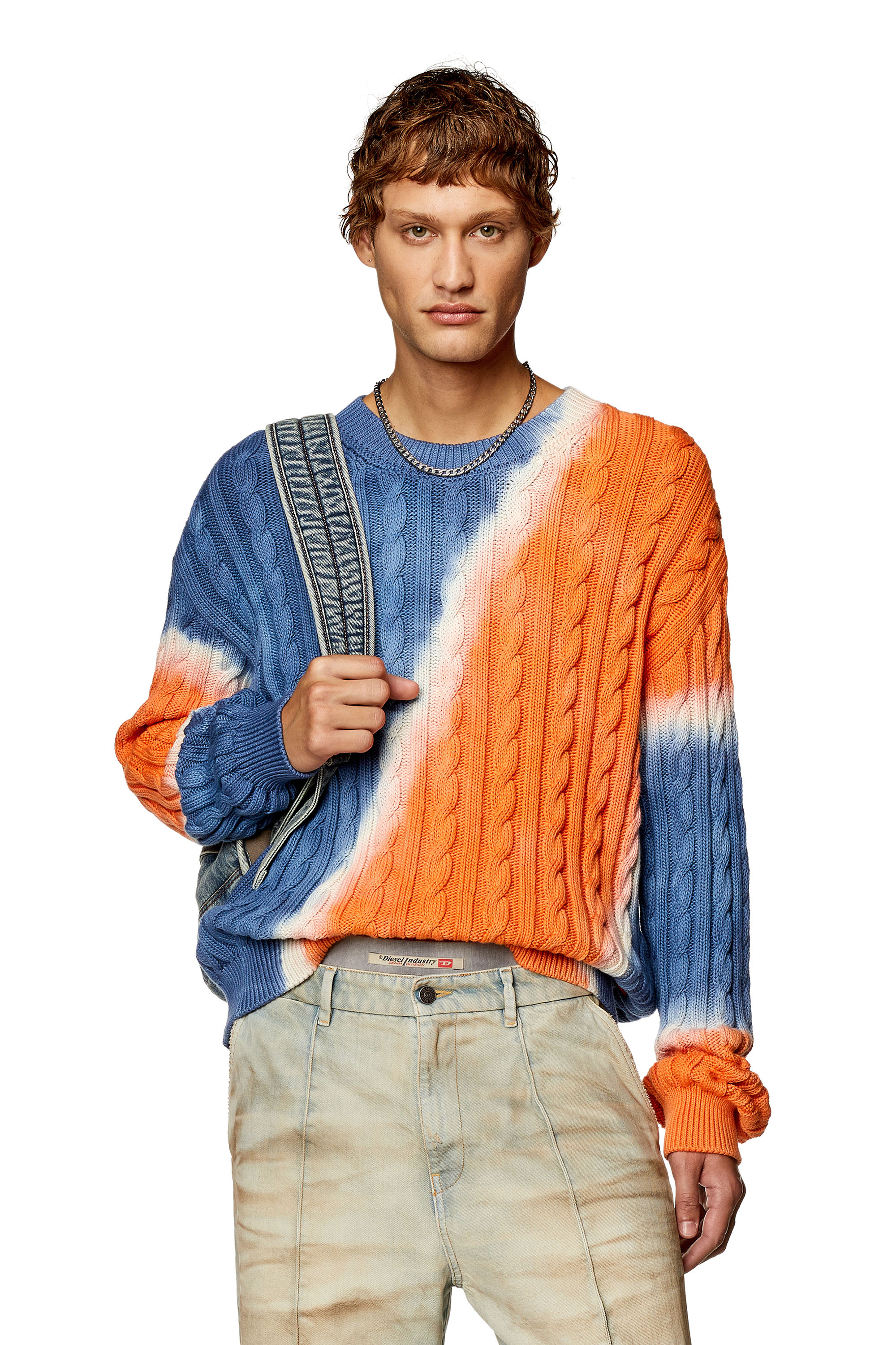 Diesel - K-JANCI, Man's Tie-dye jumper in cable-knit cotton in Blue/Orange - 1