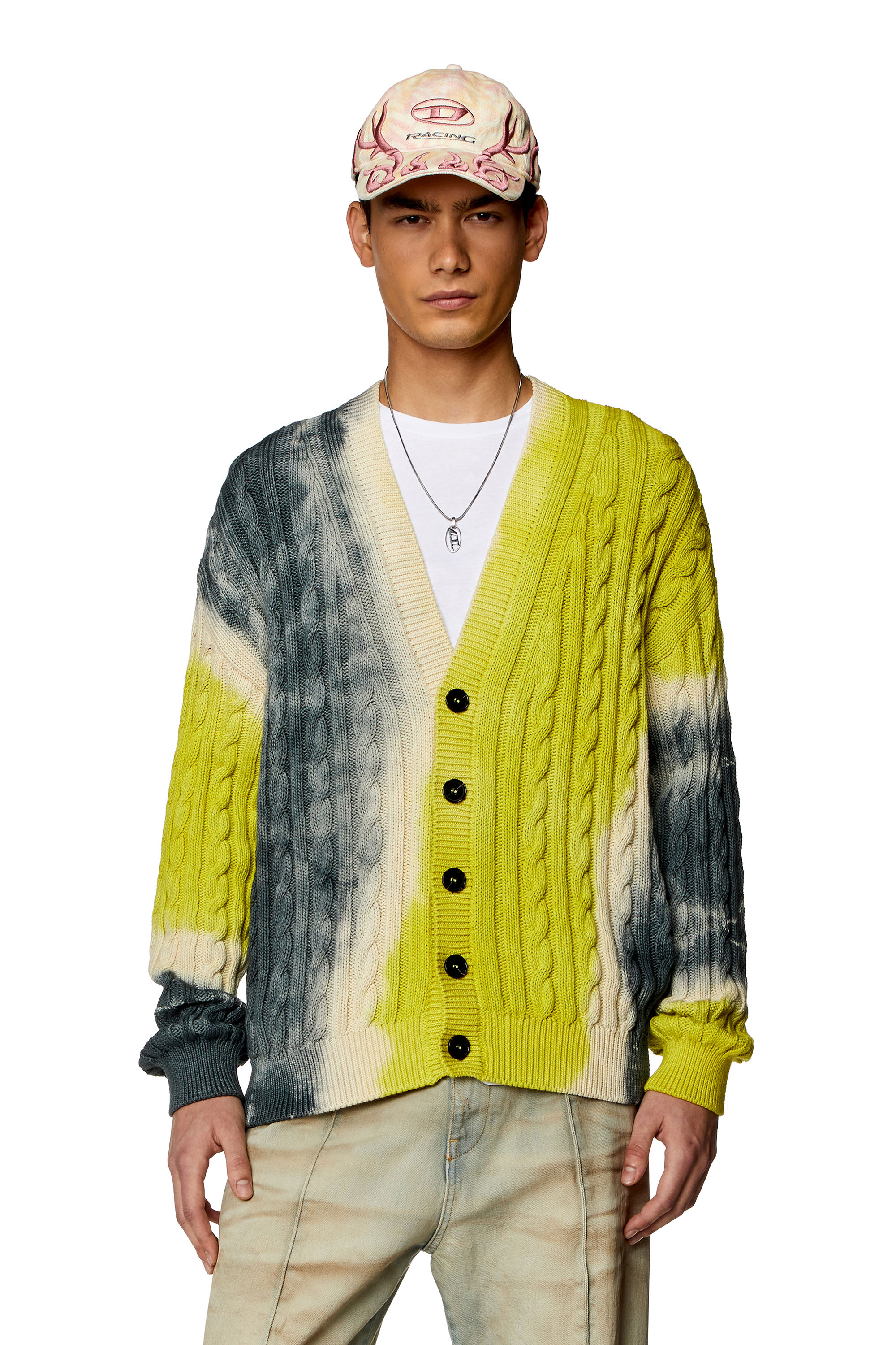 Diesel - K-JONNY, Man's Tie-dye cardigan in cable-knit cotton in Blue/Green - 1