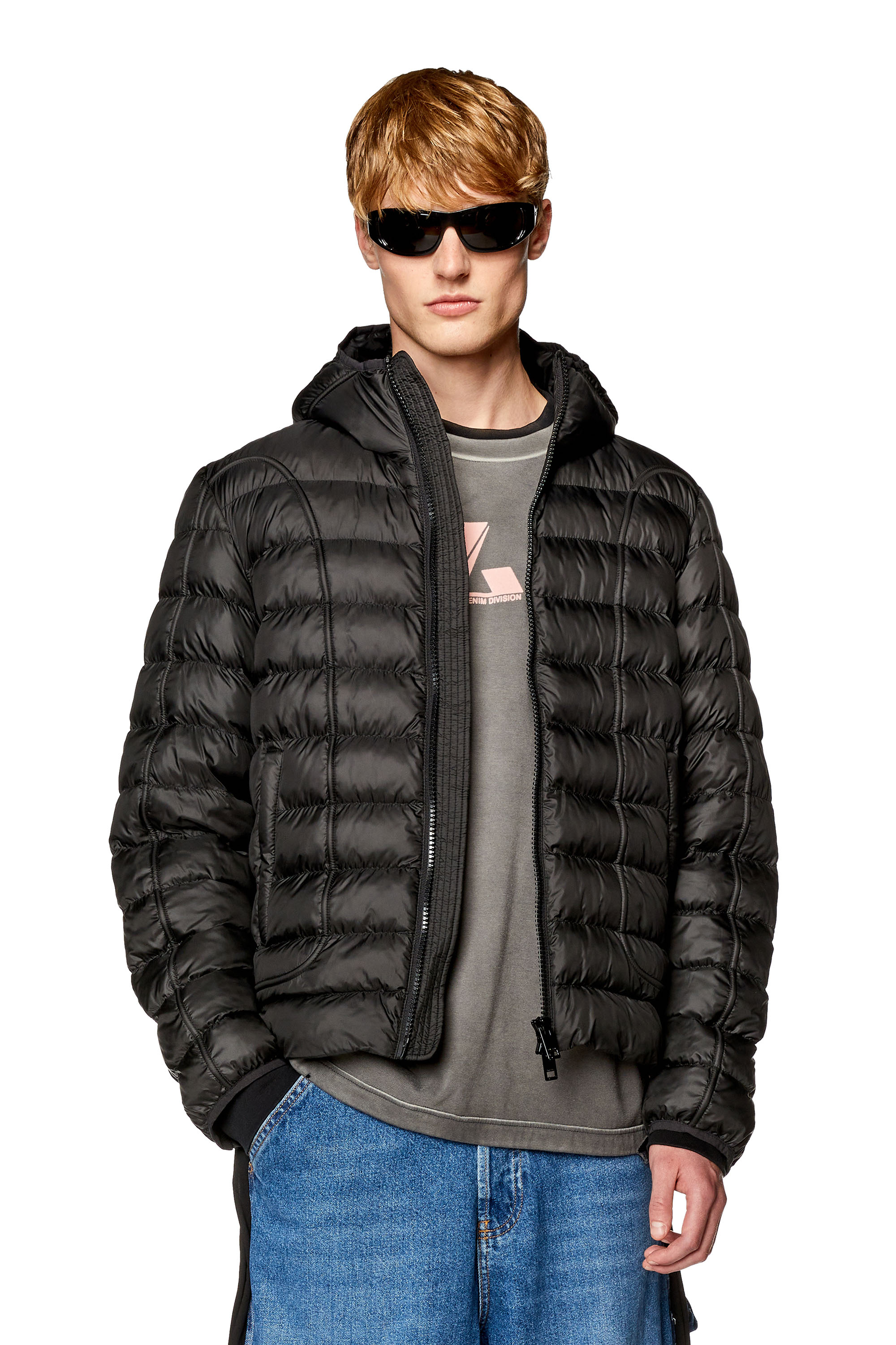 Diesel - W-SCOTTYS, Man's Hooded nylon puffer jacket with piping in Black - 1