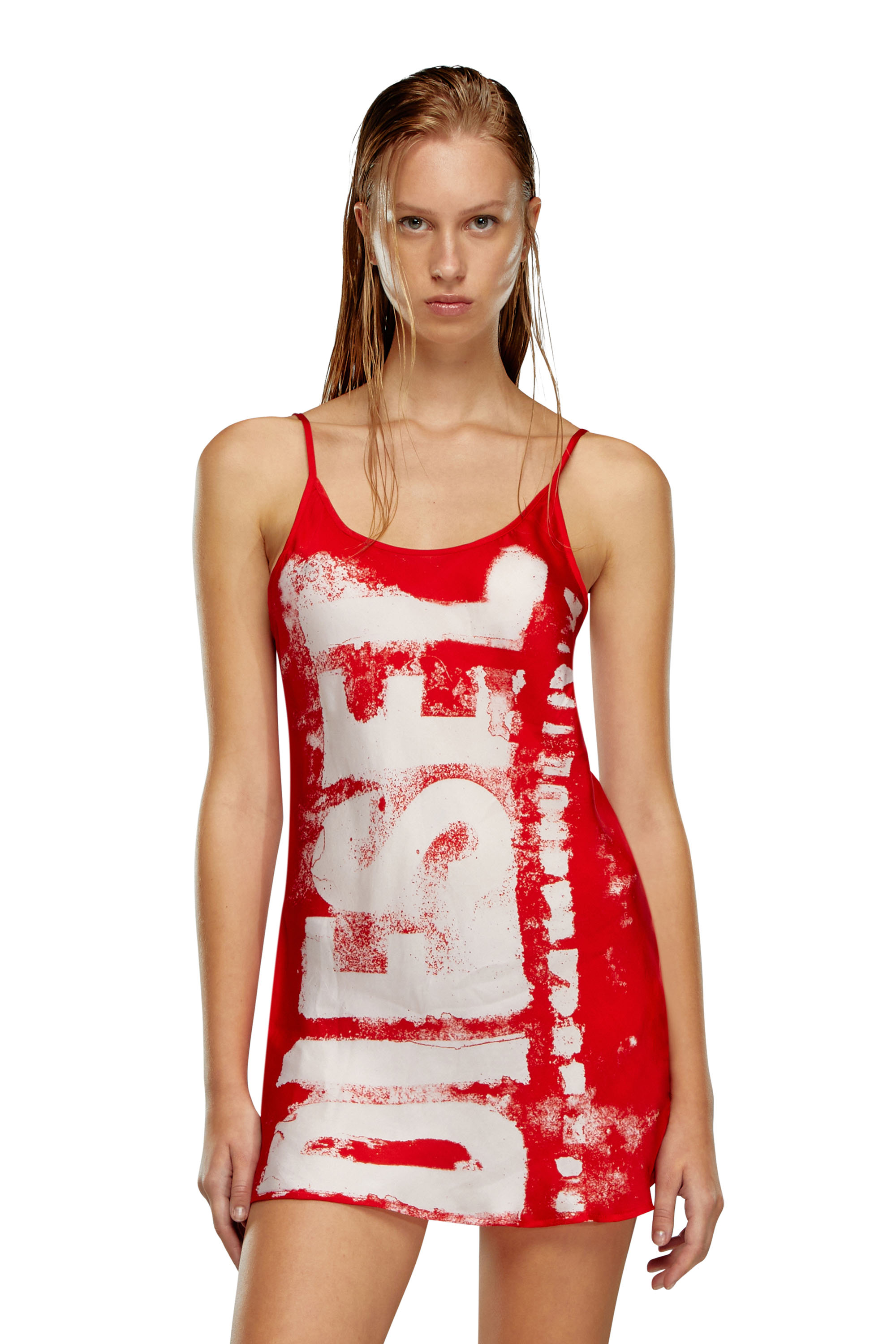 Diesel - UFPT-GRATCHEN, Woman's Viscose chemise with blurry Super Logo in Red/White - 1