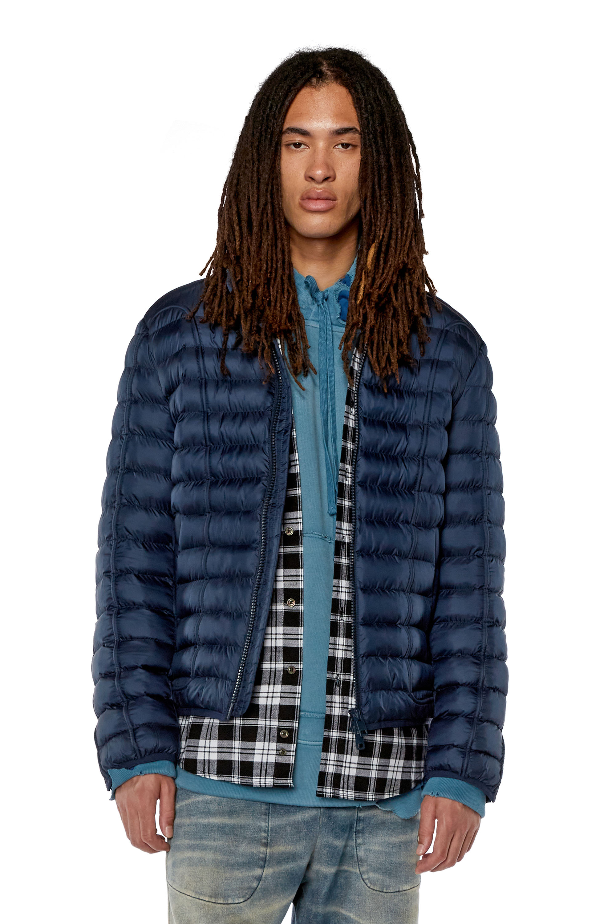 Diesel - W-HAWKYL, Man's Nylon puffer jacket with piping in Blue - 1