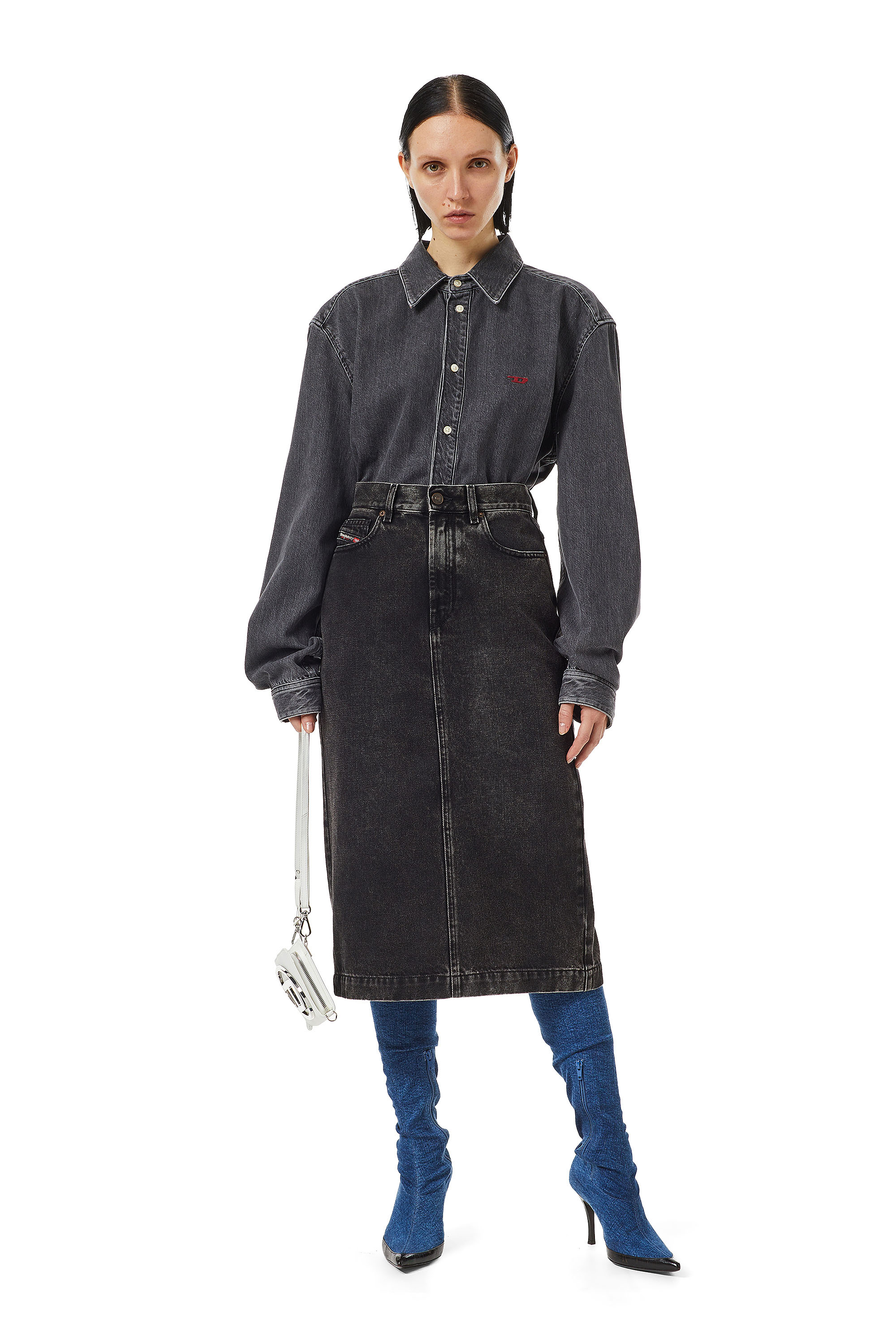 Diesel - DE-RONNY PENCIL SKIRT, Woman's Pencil skirt in denim in Black/Dark grey - 2