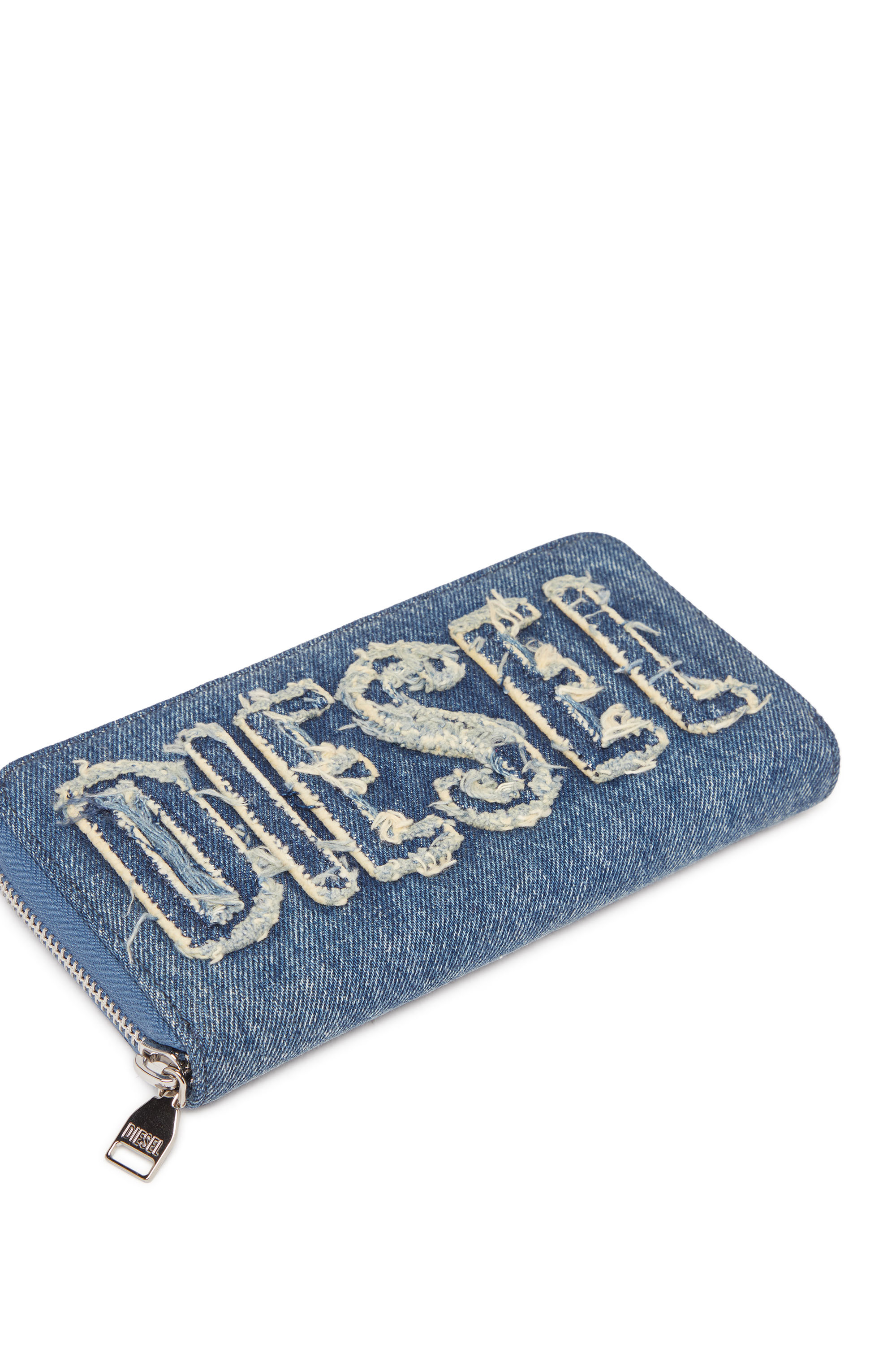 Diesel - CONTINENTAL ZIP L, Unisex's Denim zip wallet with frayed logo in Blue - 4