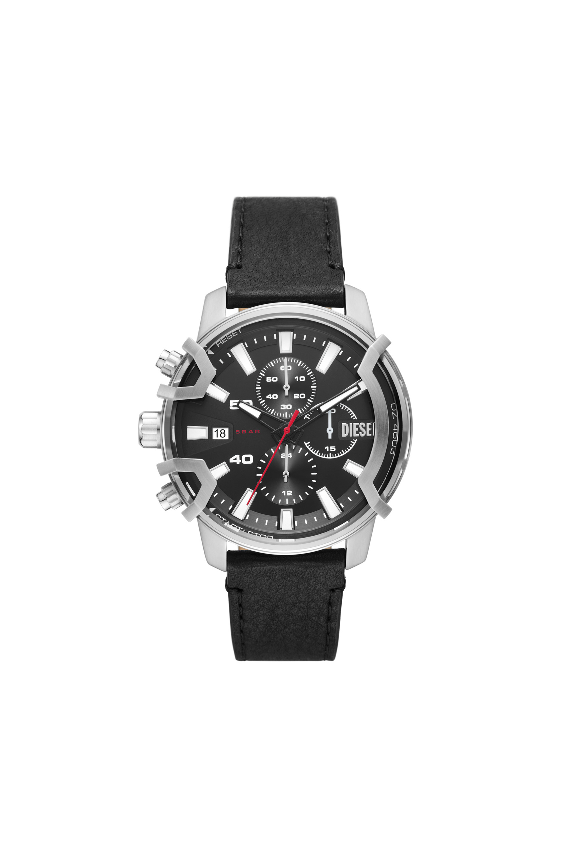 Diesel - DZ4603, Unisex's Griffed Chronograph Black Leather Watch in Black - 1