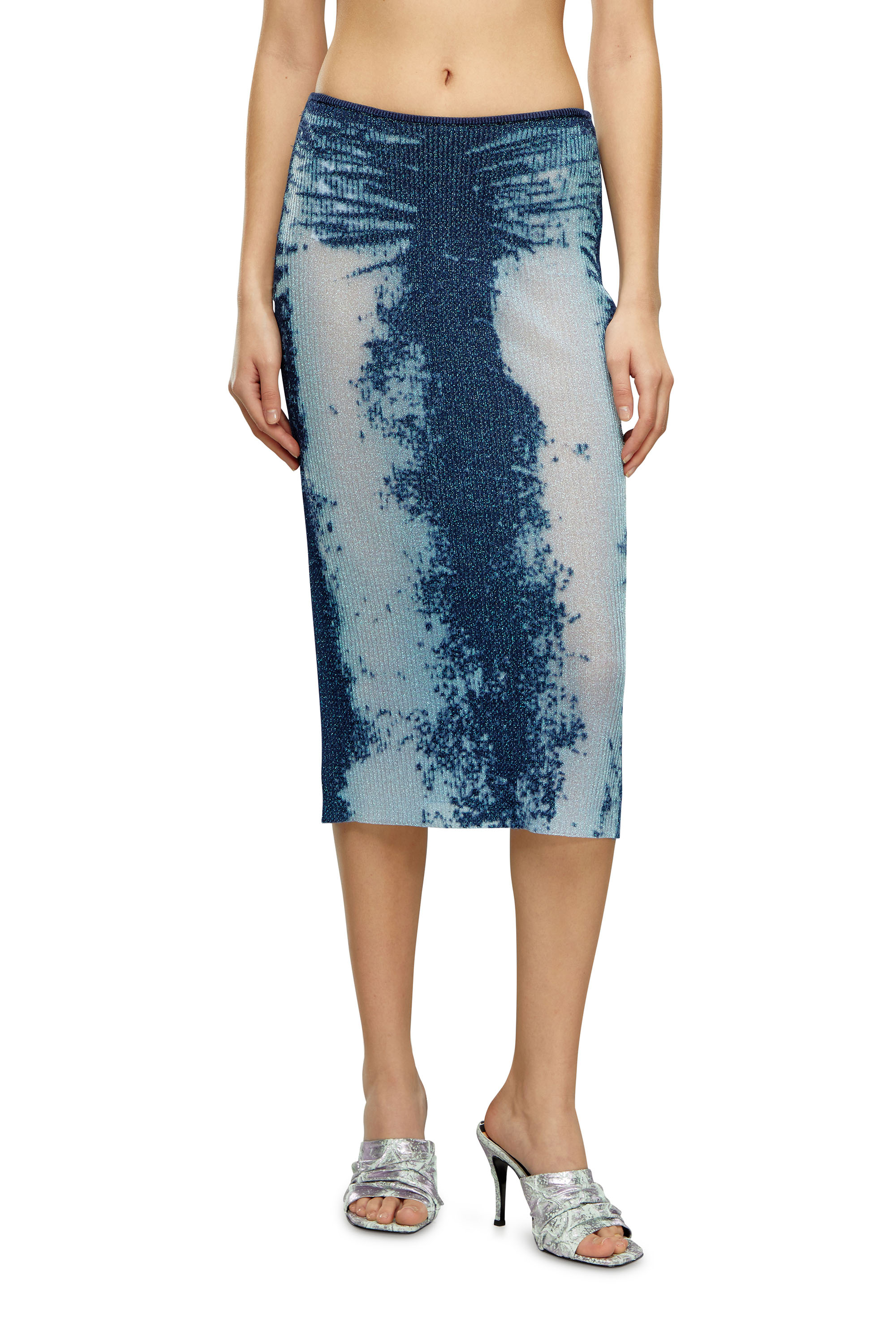 Diesel - M-BEGONIA, Woman's Midi skirt in devoré metallic knit in Blue - 1