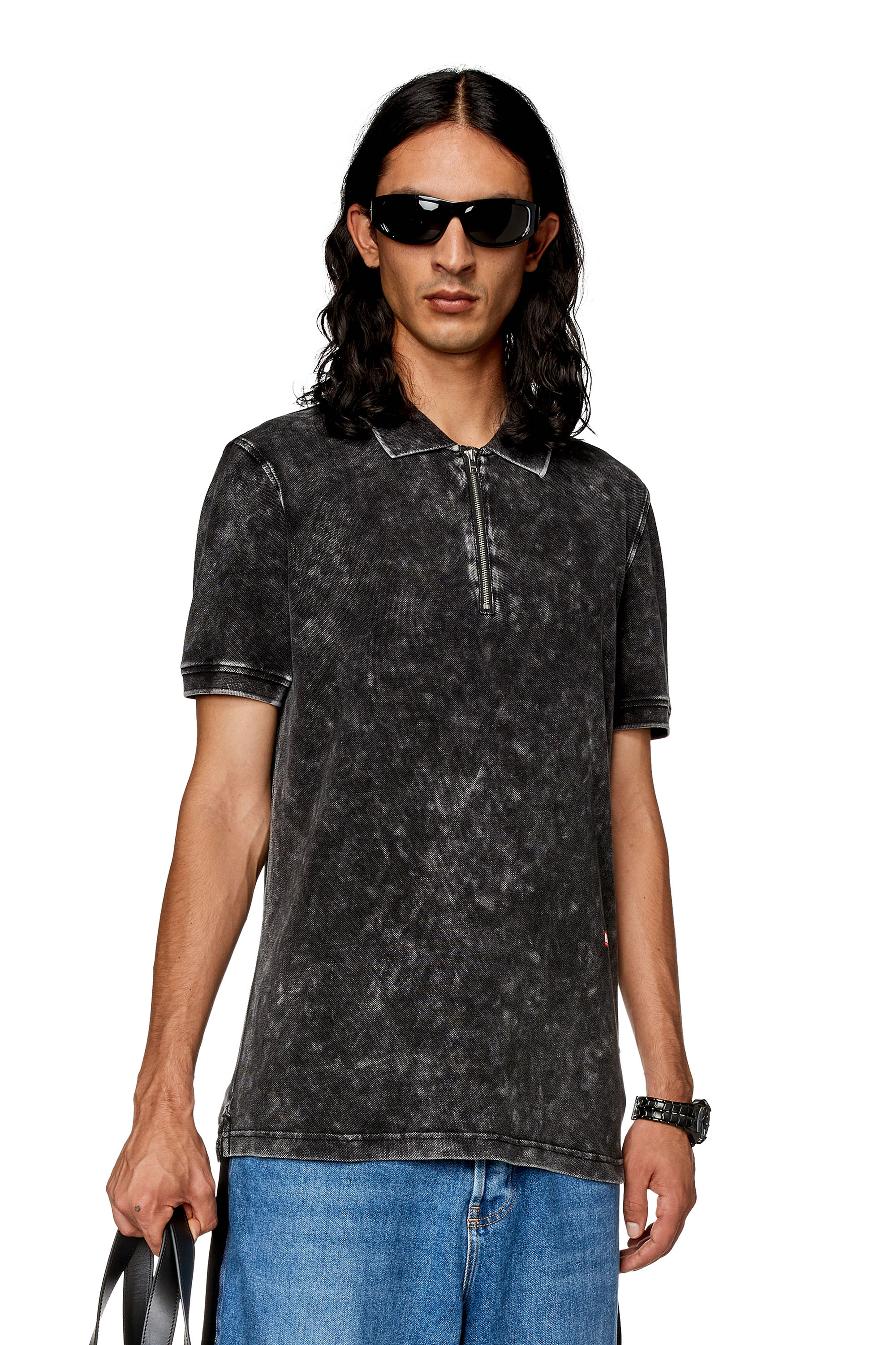 Diesel - T-SMITH-ZIP, Man's Polo shirt in faded piqué in Black - 1