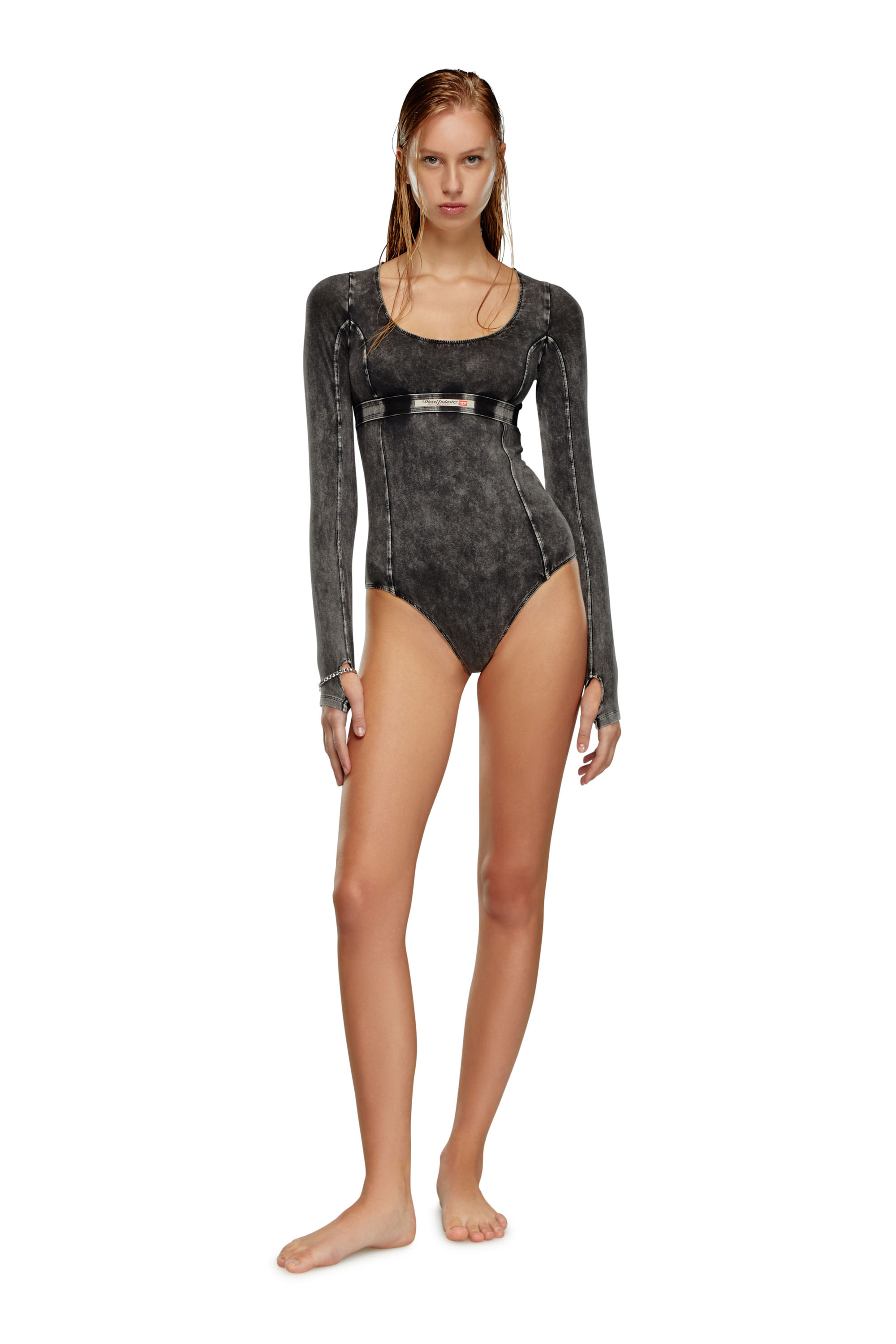 Diesel - UFBY-NIKLA, Woman's Long-sleeve bodysuit in denim-effect jersey in Black - 2