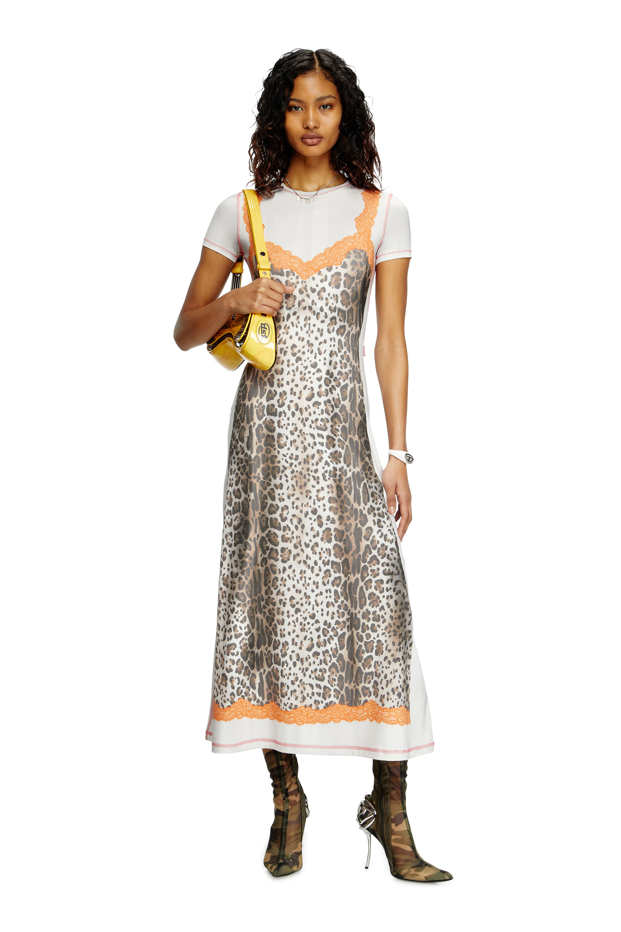 Diesel - D-ILE, Woman's Midi dress with trompe l'oeil slip in Brown/White - 1