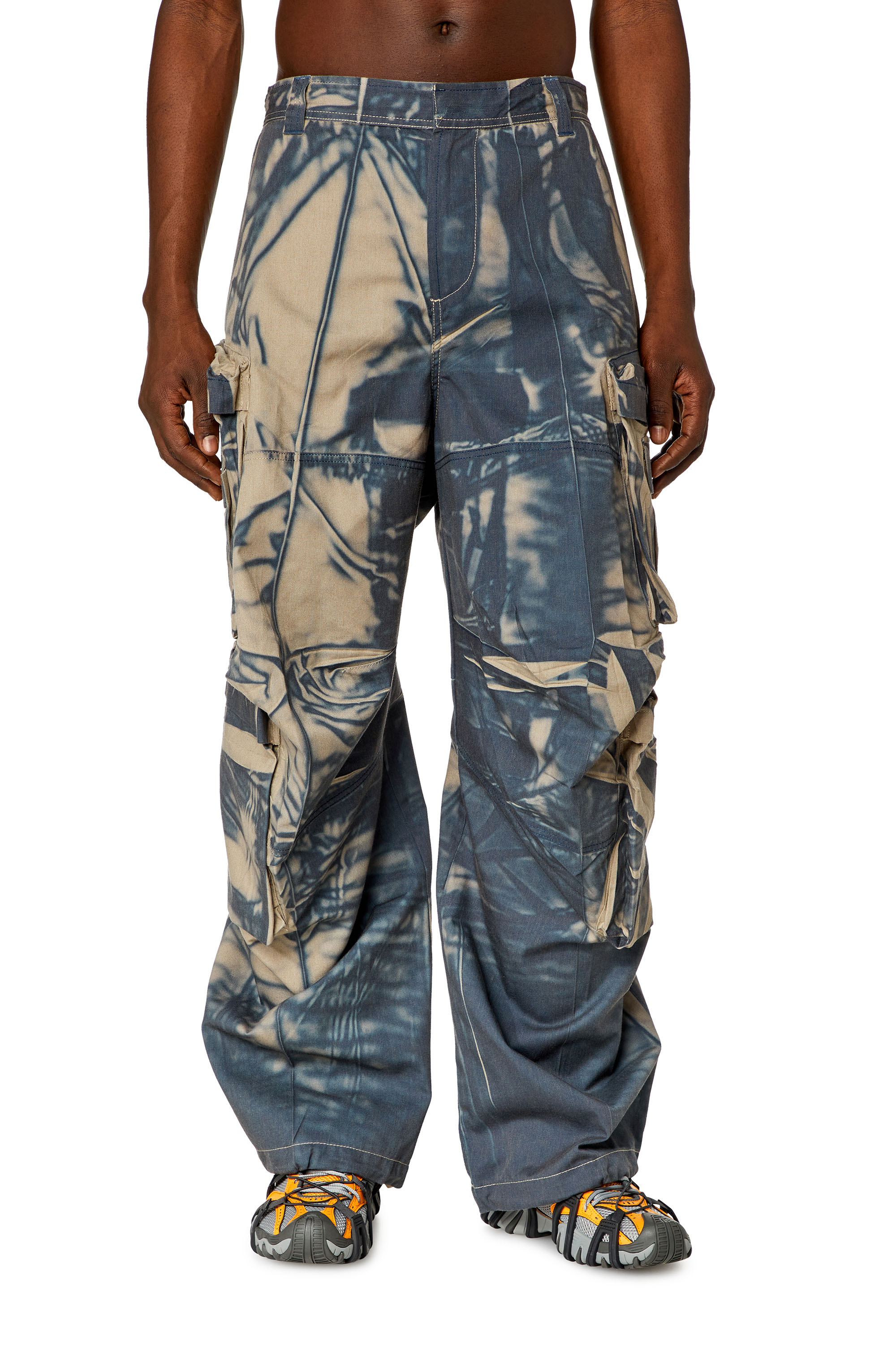 Diesel - P-HUGH, Man's Cargo pants with creased-effect print in Blue/Beige - 1