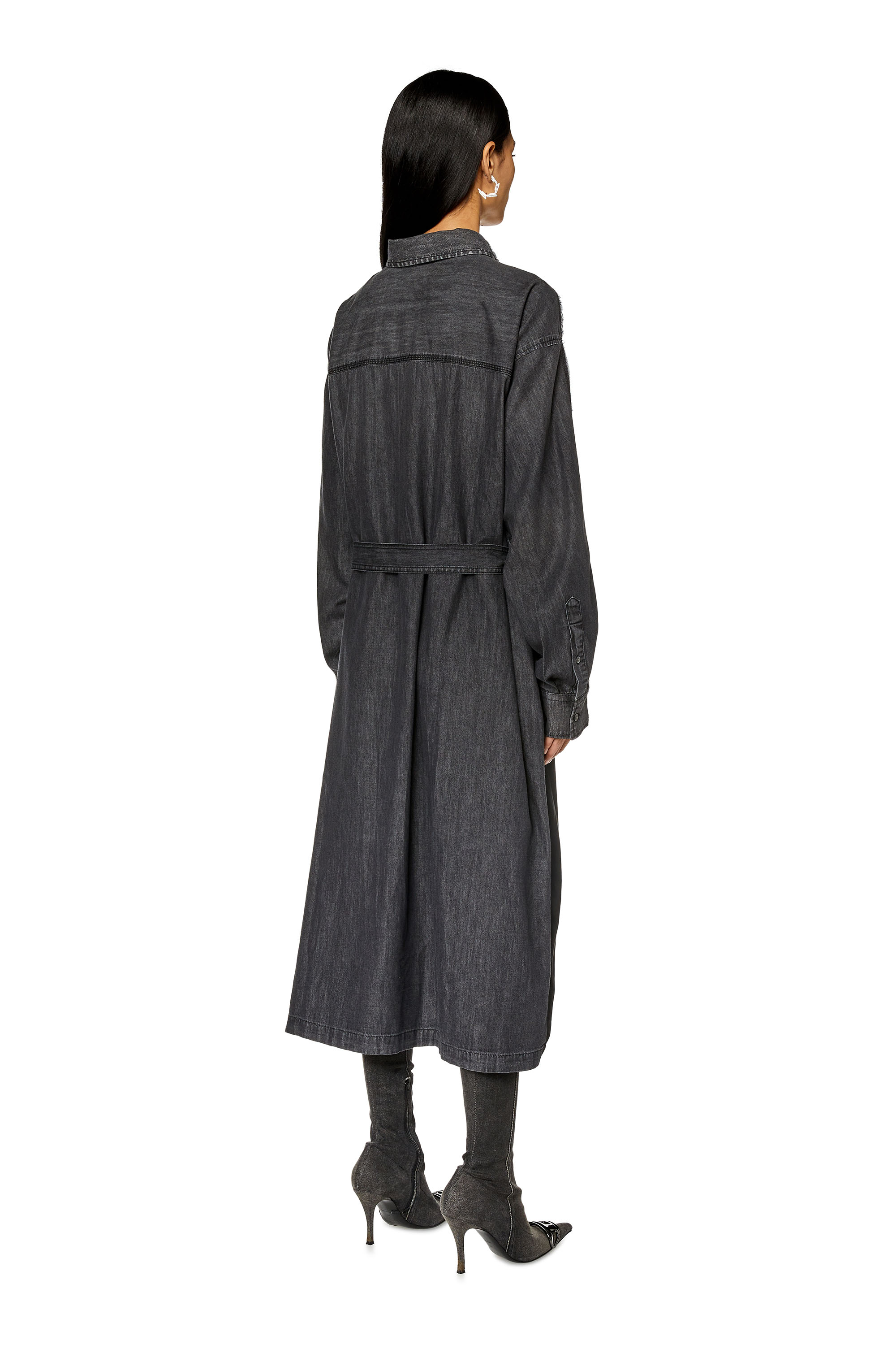 Diesel - D-PAIGE-STRAM, Woman's Midi shirt dress in denim and satin in Black - 3