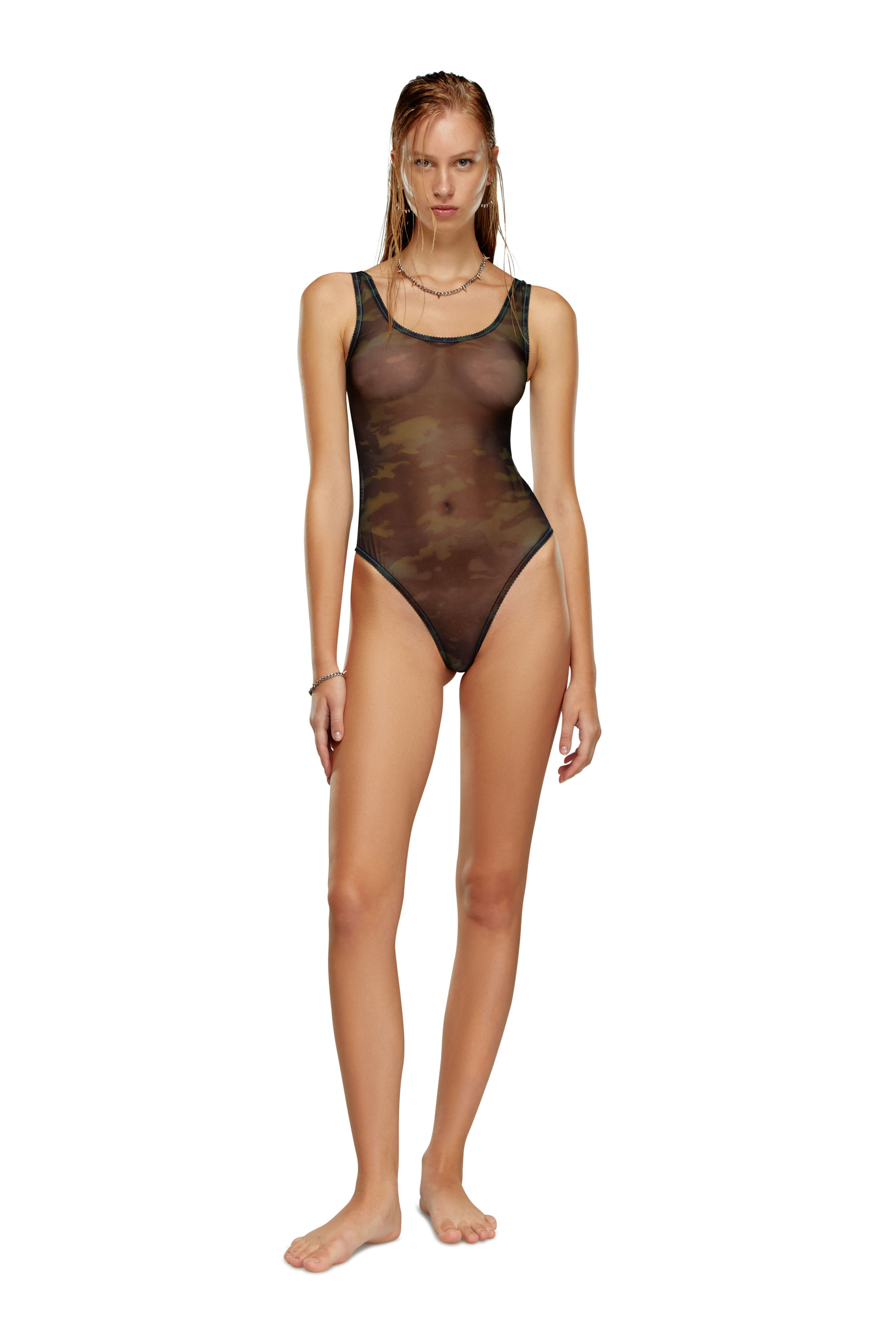 Diesel - UFBY-YOMA, Woman's Thong bodysuit in camo stretch mesh in Black - 2
