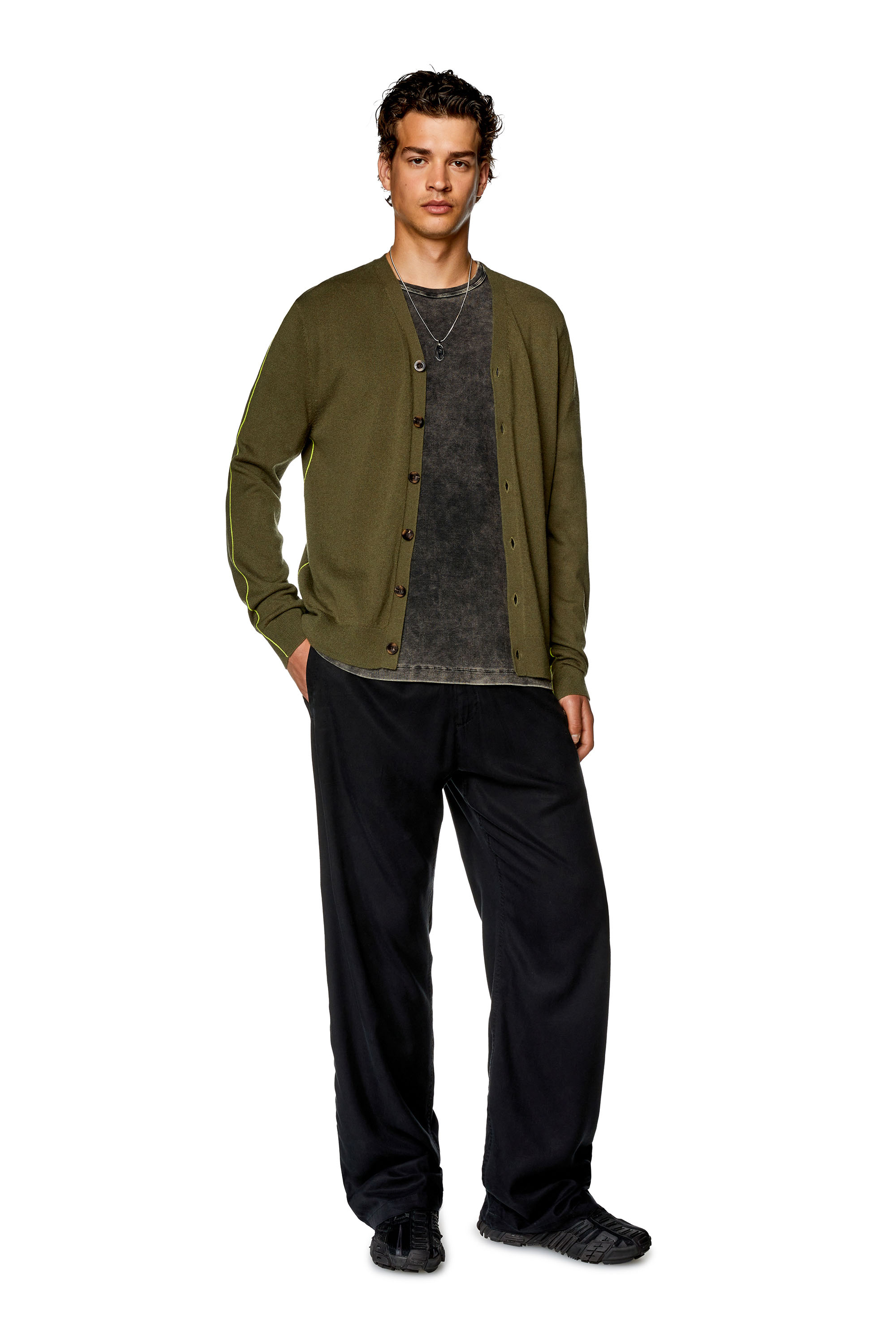 Diesel - K-ZANTE, Man's Cardigan with contrast piping in Olive Green - 2