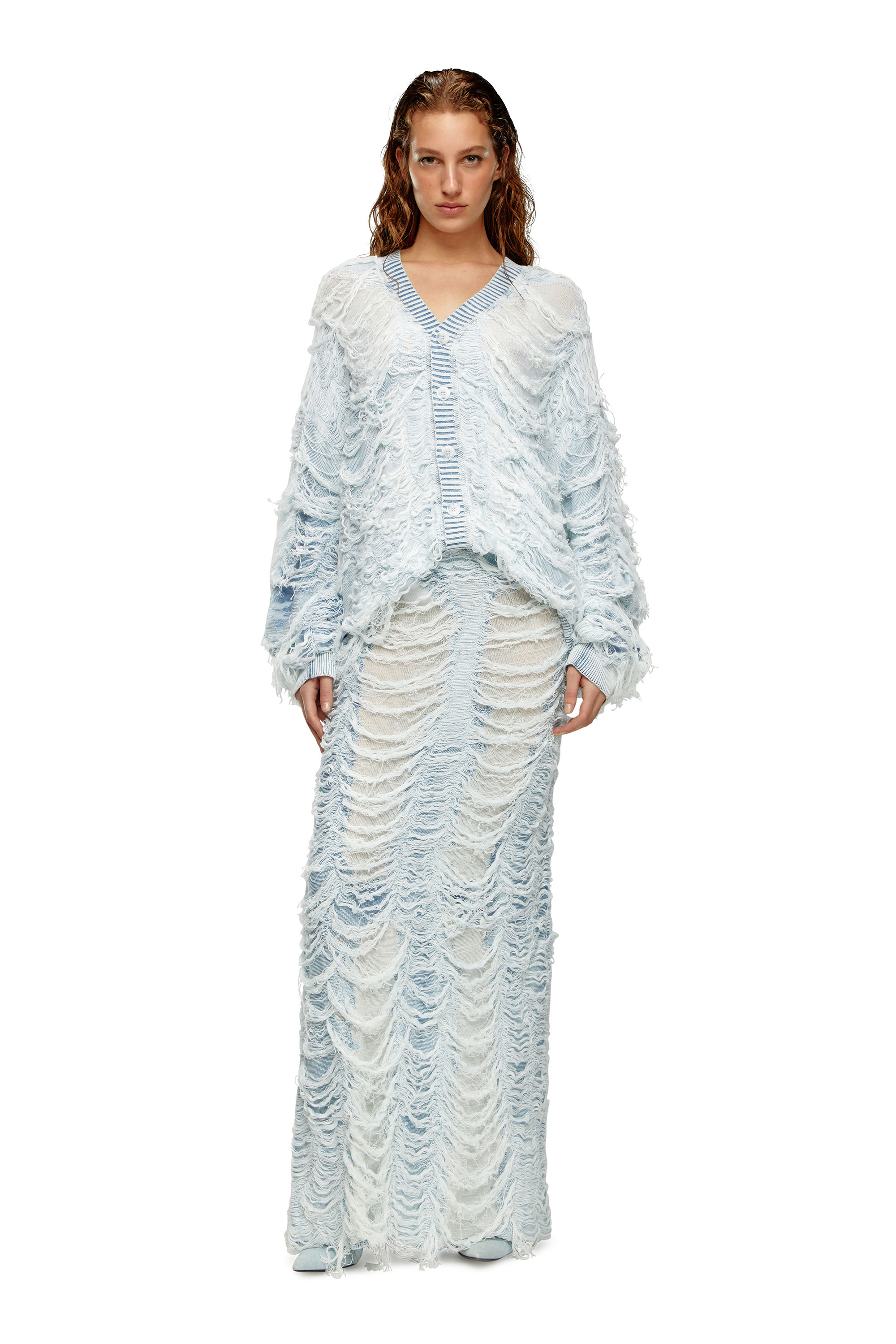 Diesel - M-FIAMMETTA, Woman's Long column skirt in destroyed knit in Light Blue - 2