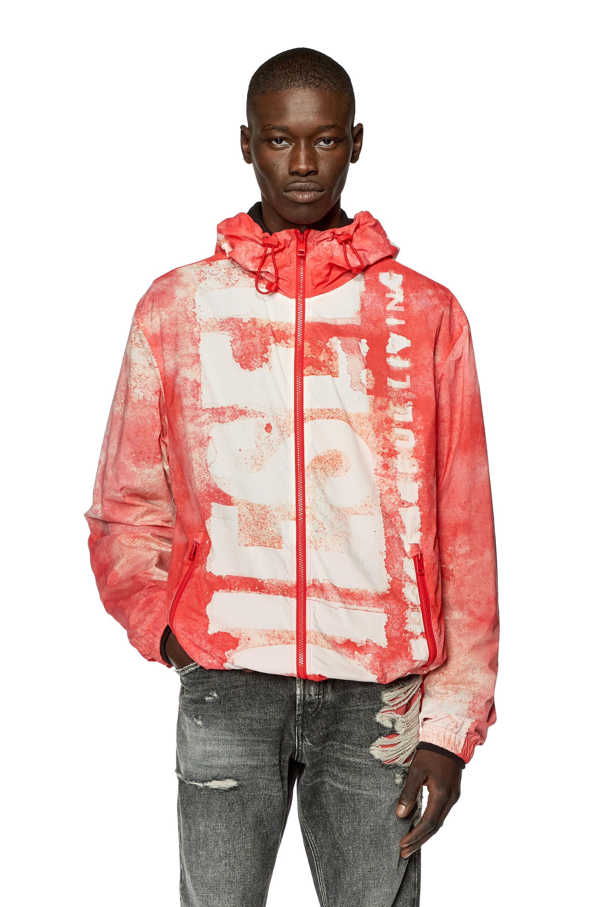 Diesel - J-WARRETT-LOGO-LOGO, Man's Watercolour-effect windbreaker with logo in Red/White - 1