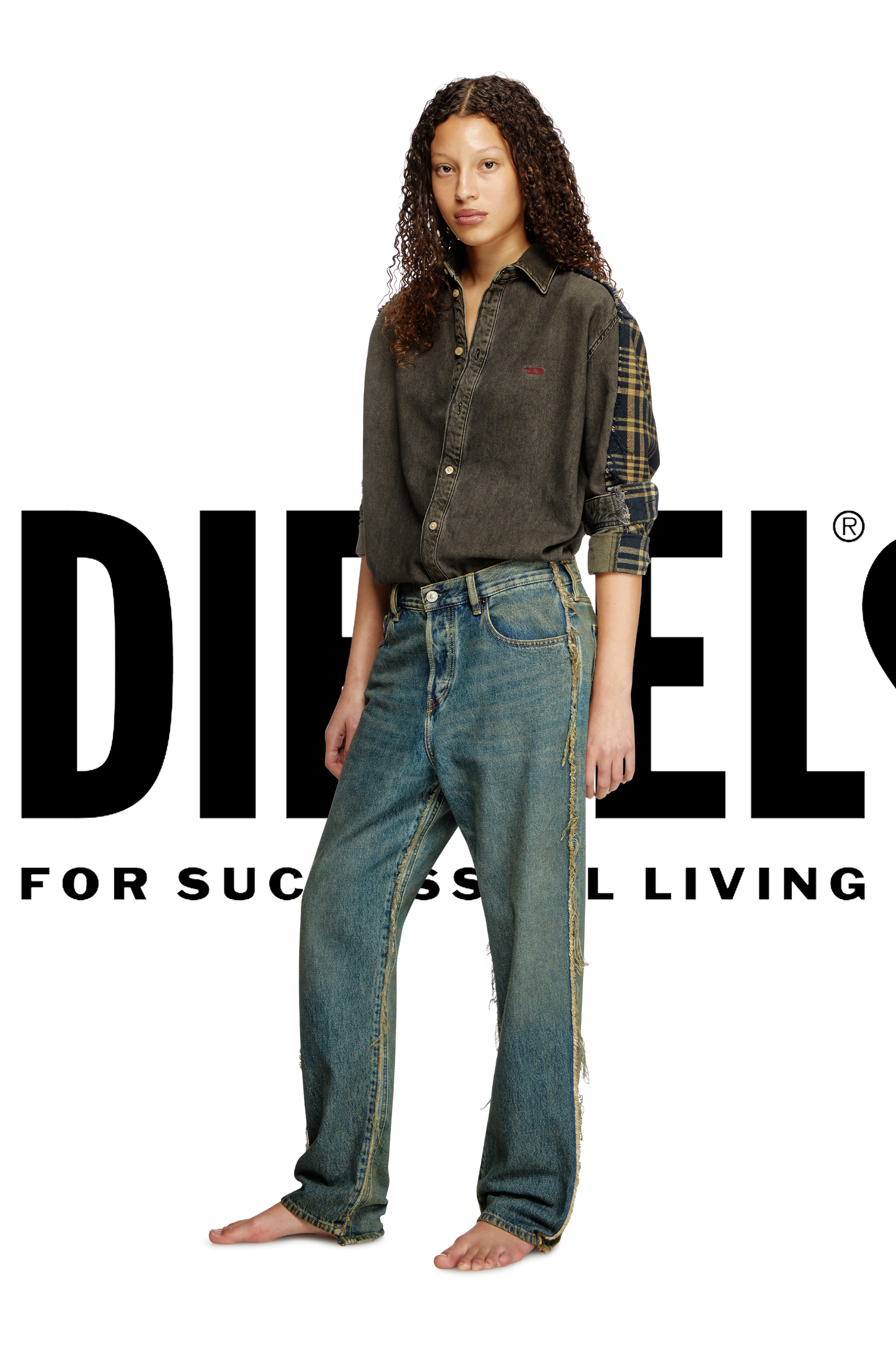 Diesel - Shirt Dieseloves 5A, Unisex's Overdyed denim and check and shirt in Black/Blue - 2