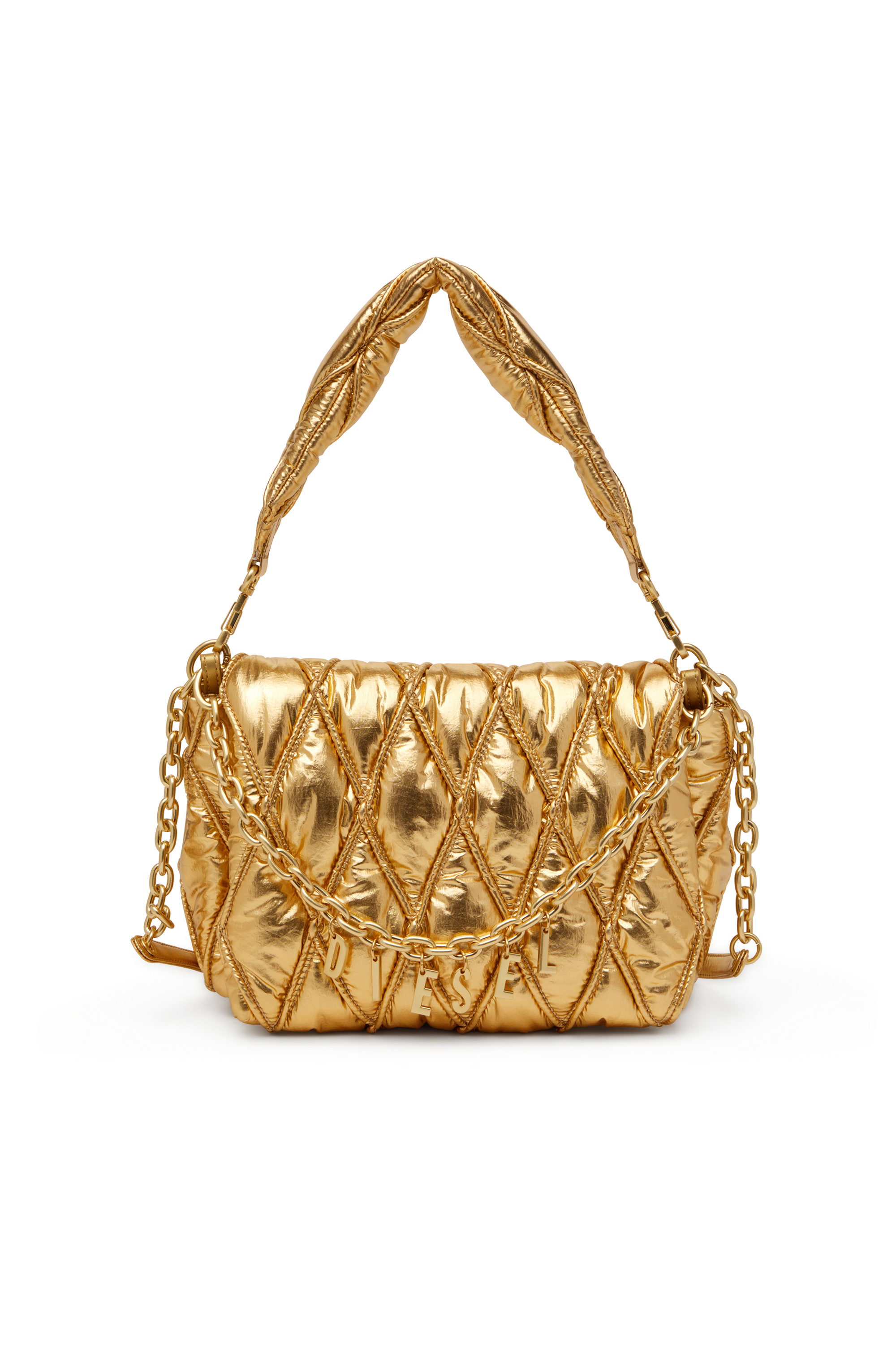Diesel - CHARM-D SHOULDER M, Woman's Shoulder bag in quilted metallic nylon in Gold - 1