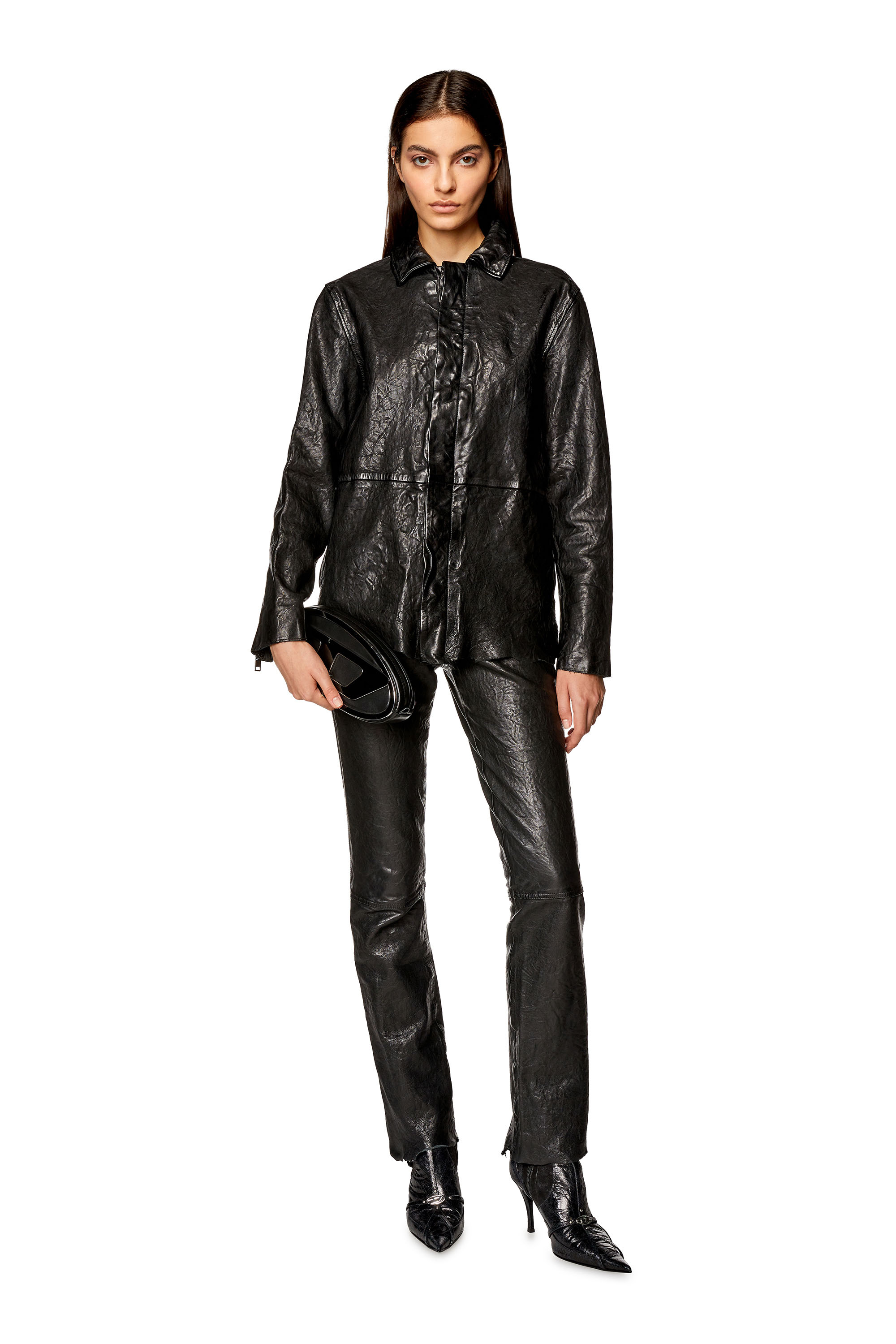 Diesel - L-NETRA, Woman's Pants in shiny wrinkled leather in Black - 2