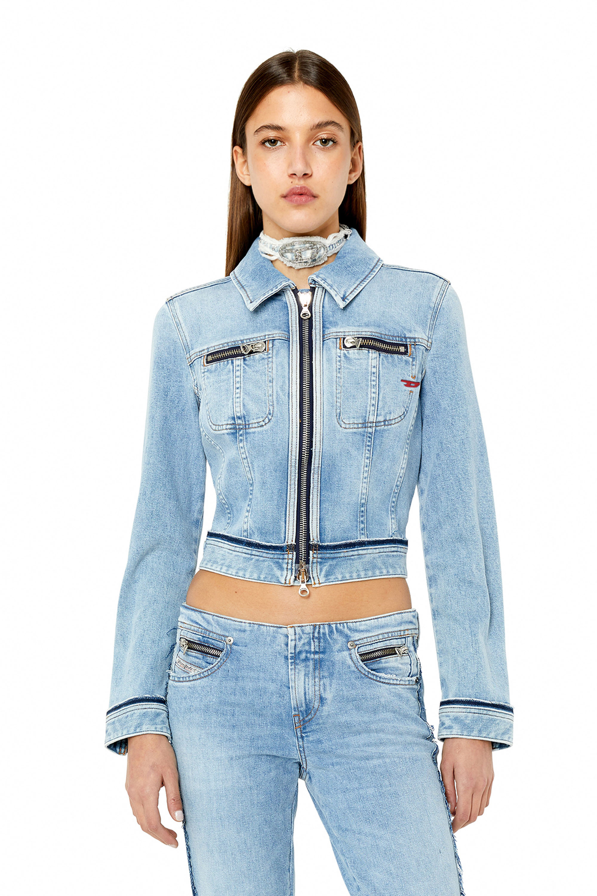 Diesel - DE-SLIMMY-RE, Woman's Slim-fit bleached-effect trucker jacket in Light Blue - 1