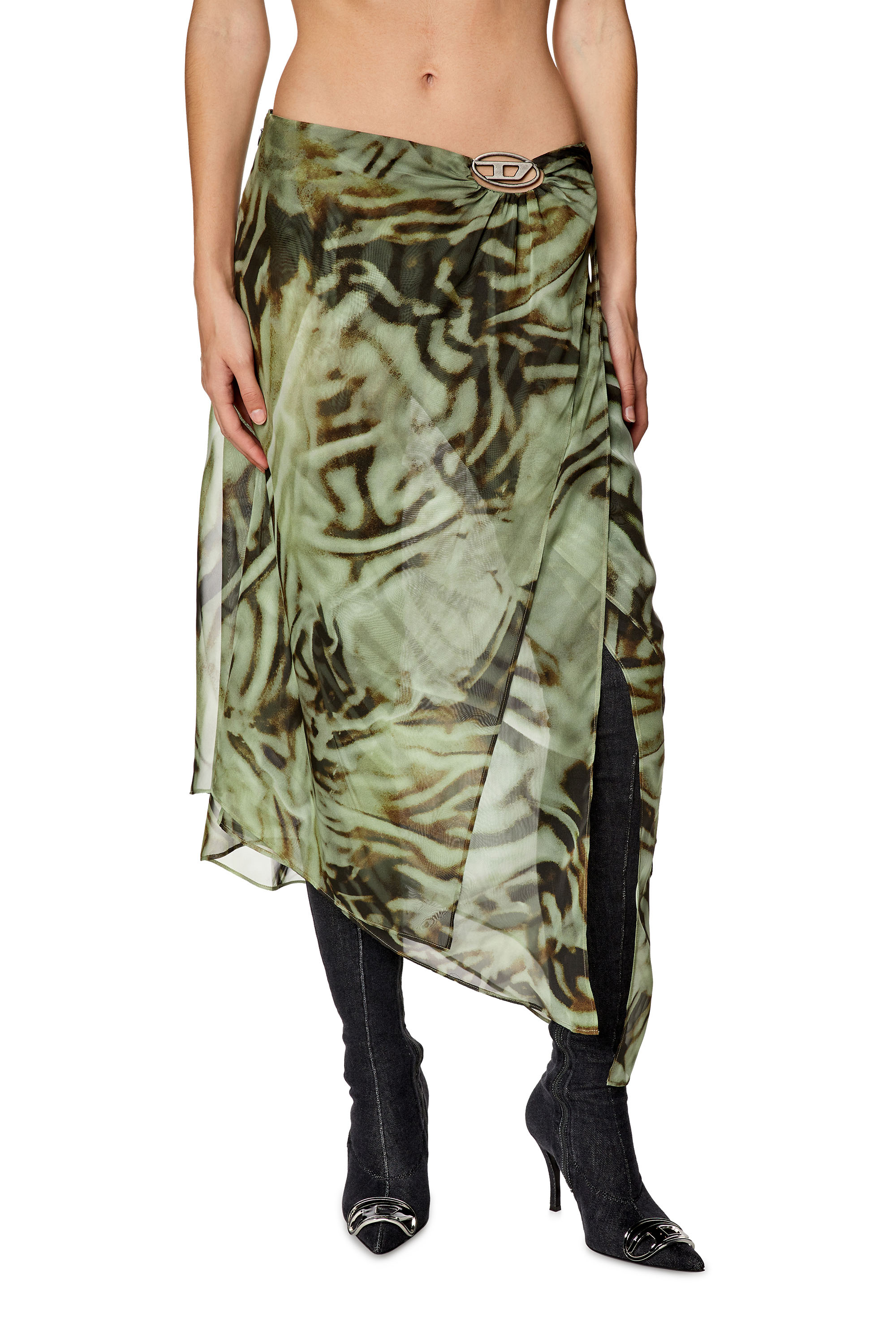Diesel - O-STENT, Woman's Asymmetric midi skirt in camo chiffon in Military Green - 1