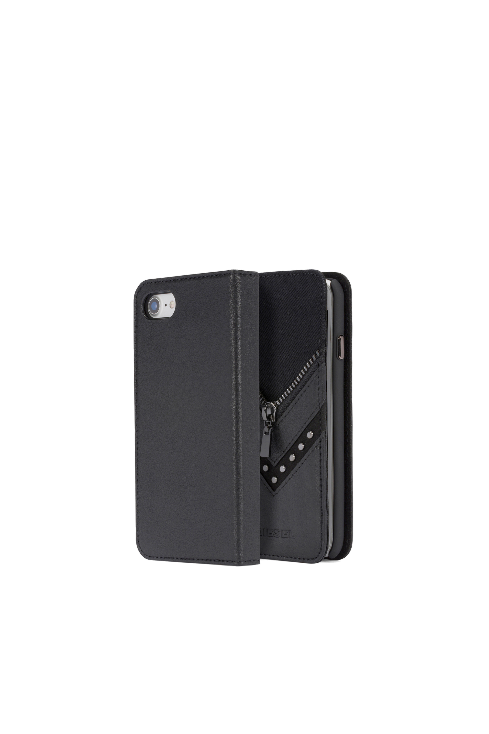Diesel - BLACK DENIM/STUD/ZIPPER IPHONE 8/7 FOLIO, Unisex's Black denim folio with details, iPhone 8/7 in Black - 1