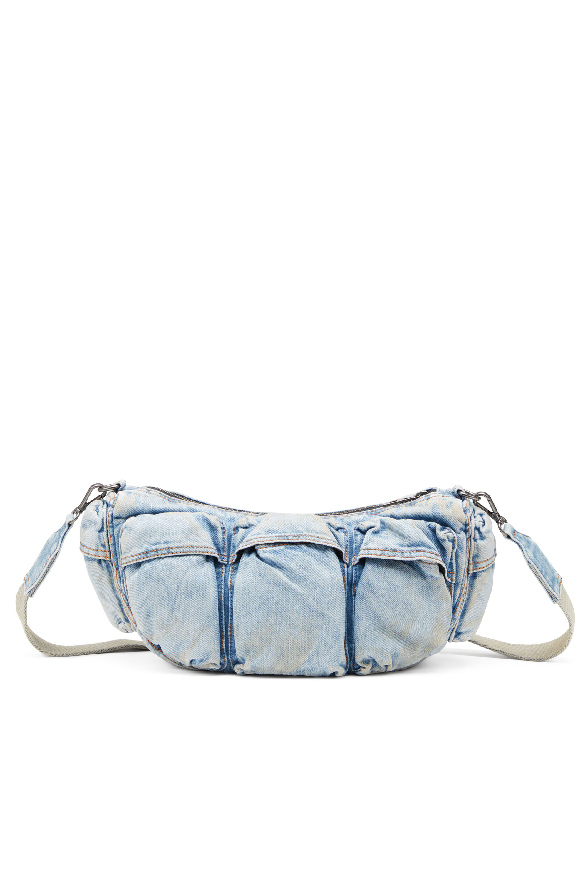 Diesel - RE-EDITION TRAVEL 3000 SHOULDER BAG X, Unisex's Travel 3000-Multipocket bag in treated denim in Light Blue - 2