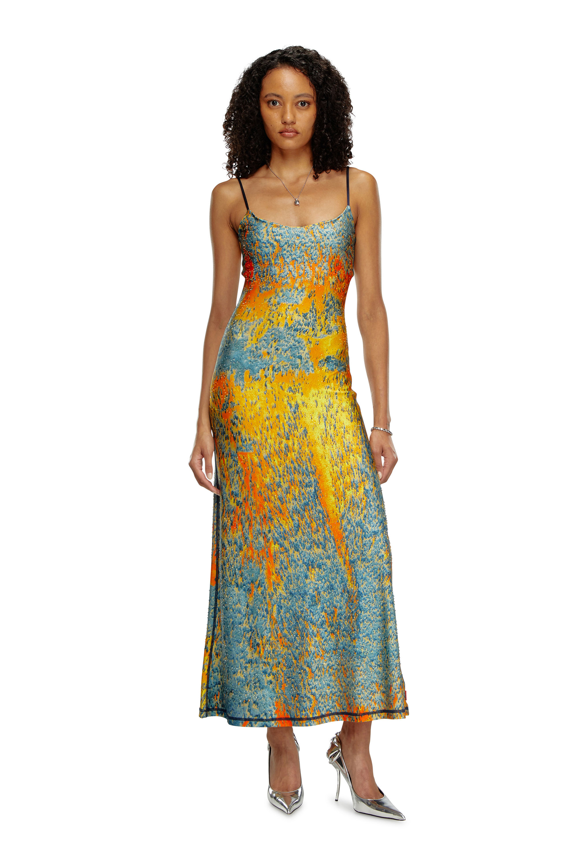 Diesel - D-AMOUR, Woman's Long printed dress with clear crystals in Blue/Orange - 2