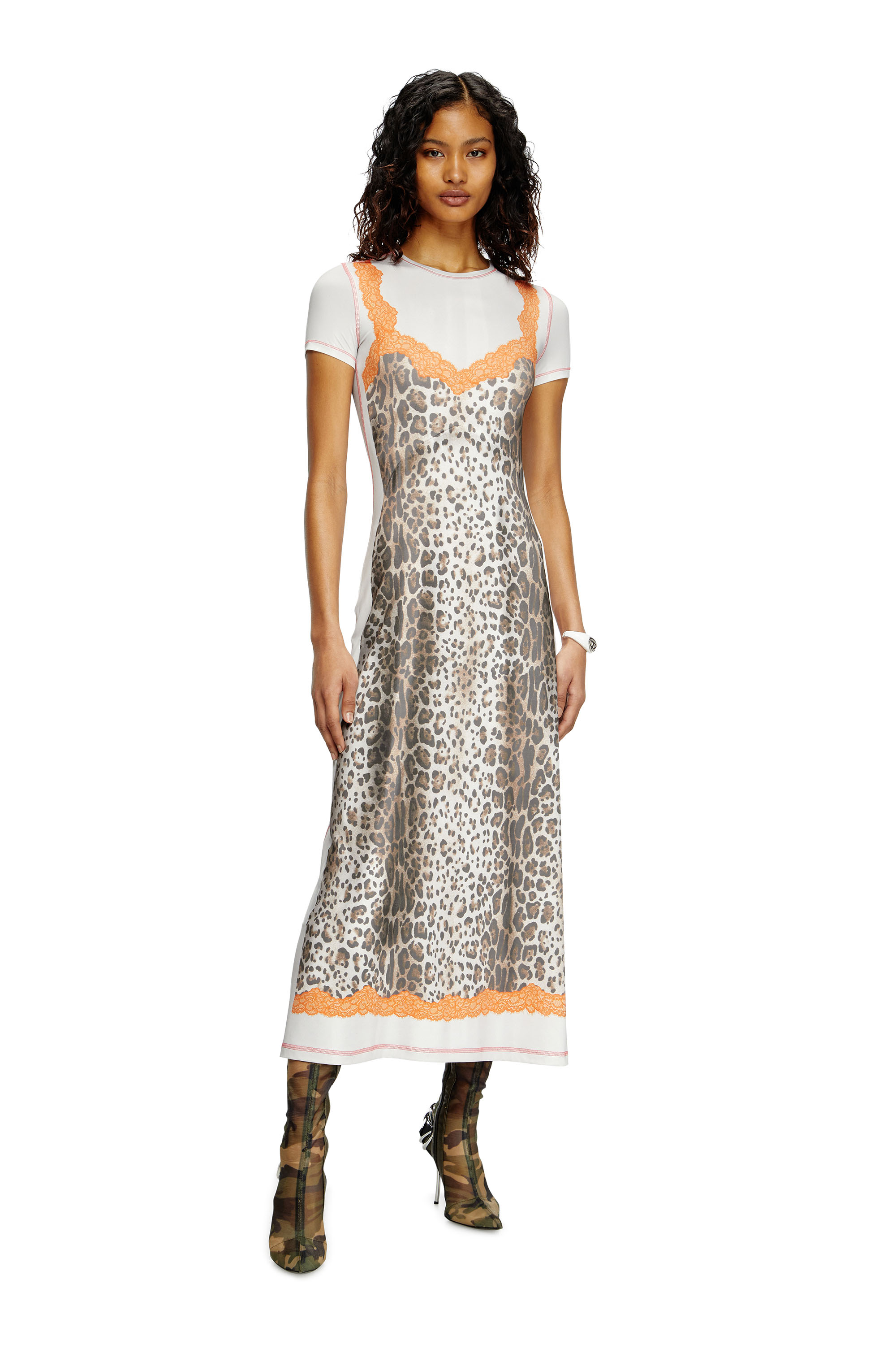 Diesel - D-ILE, Woman's Midi dress with trompe l'oeil slip in Brown/White - 2