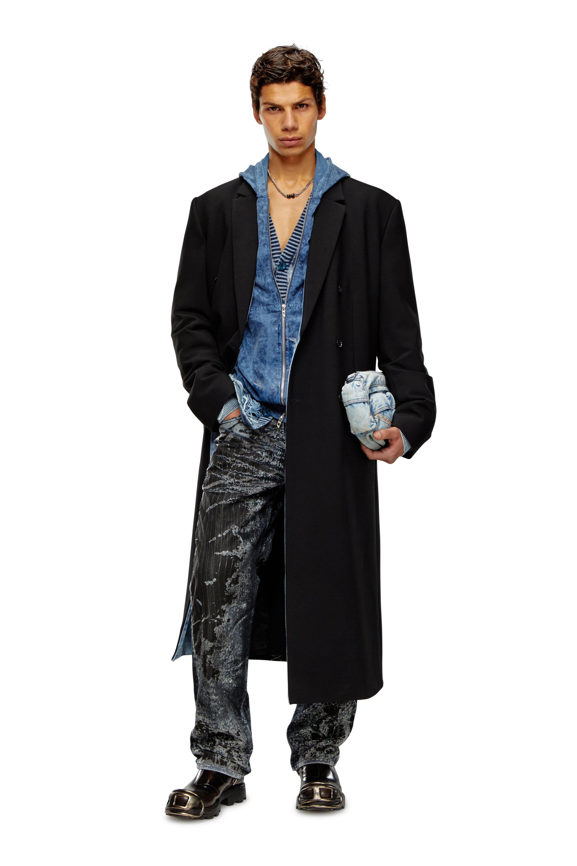 Diesel - J-RITZ, Man's Longline cool wool coat in denim detail in Black - 1
