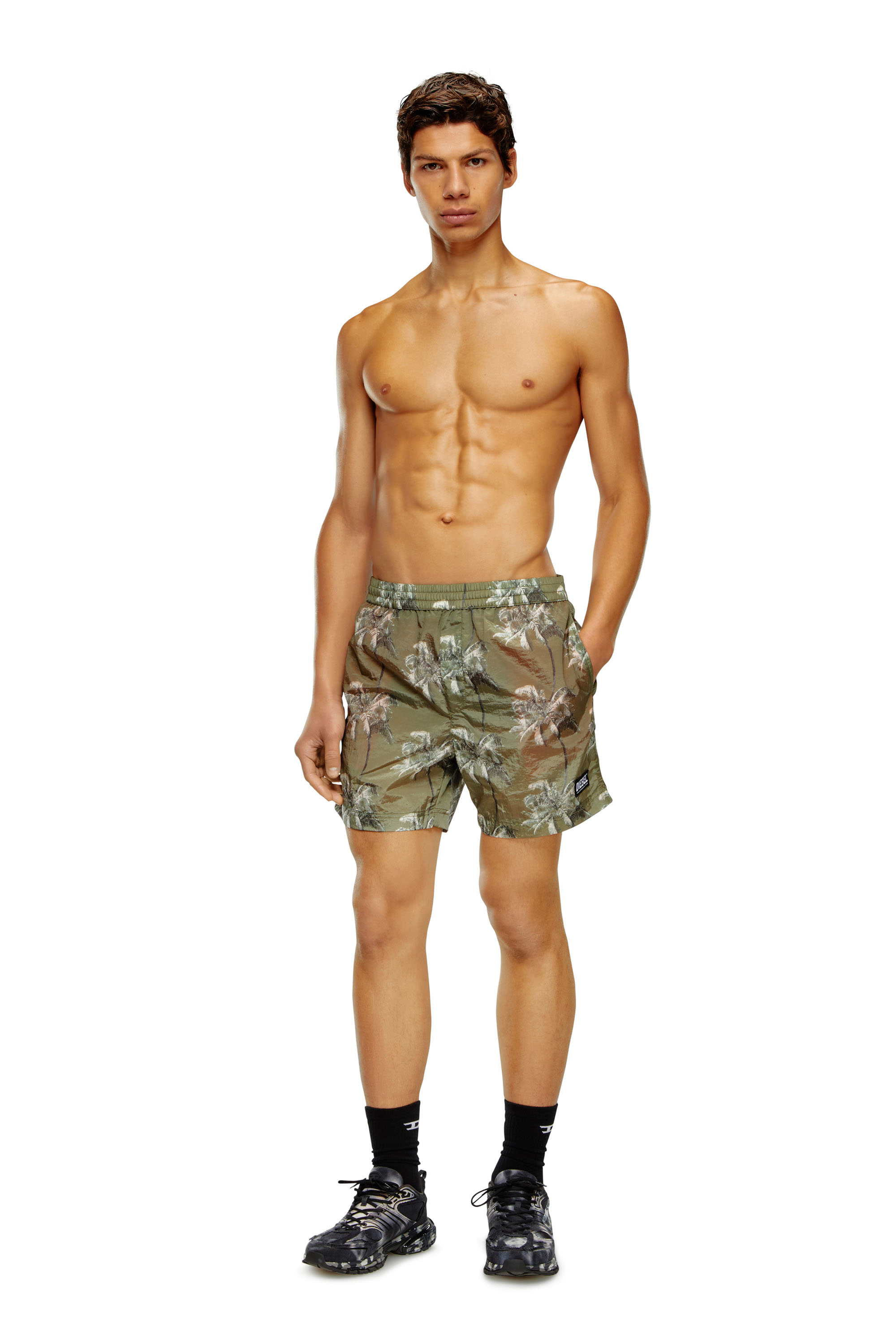 Diesel - BMBX-RIO-41CM-PARACHUTE, Man's Palm-tree board shorts in crinkled fabric in Military Green - 1