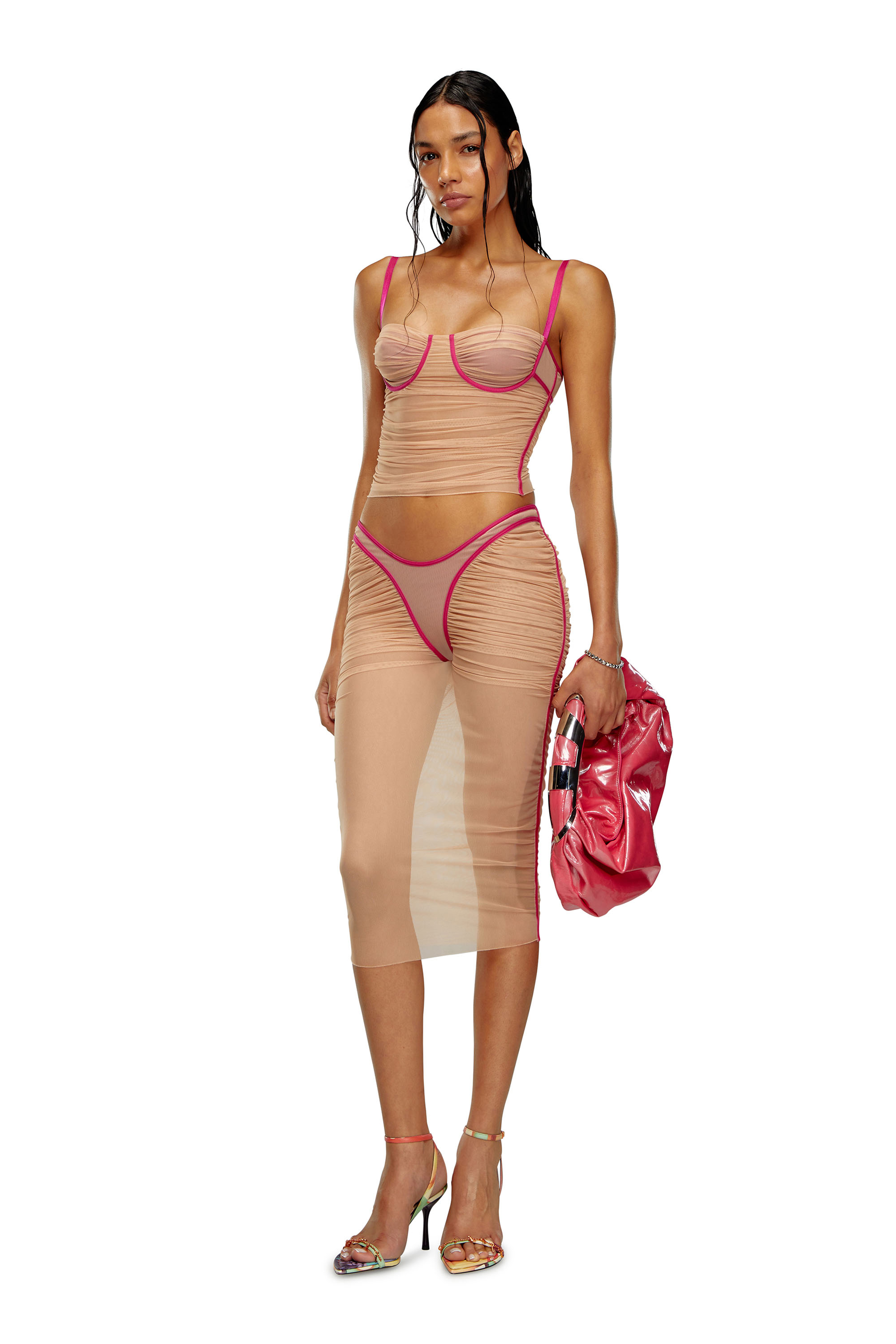 Diesel - O-LYLA, Woman's Sheer midi skirt in ruched tulle in Pink - 2