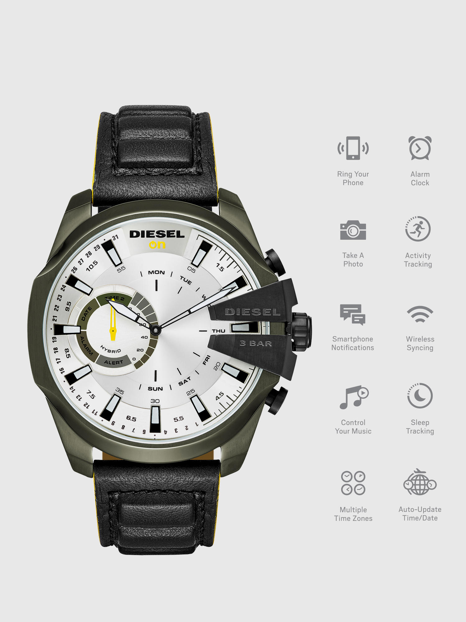 Diesel - DT1012, Man's Mega Chief Hybrid olive case black smartwatch, 48 mm in Black - 1