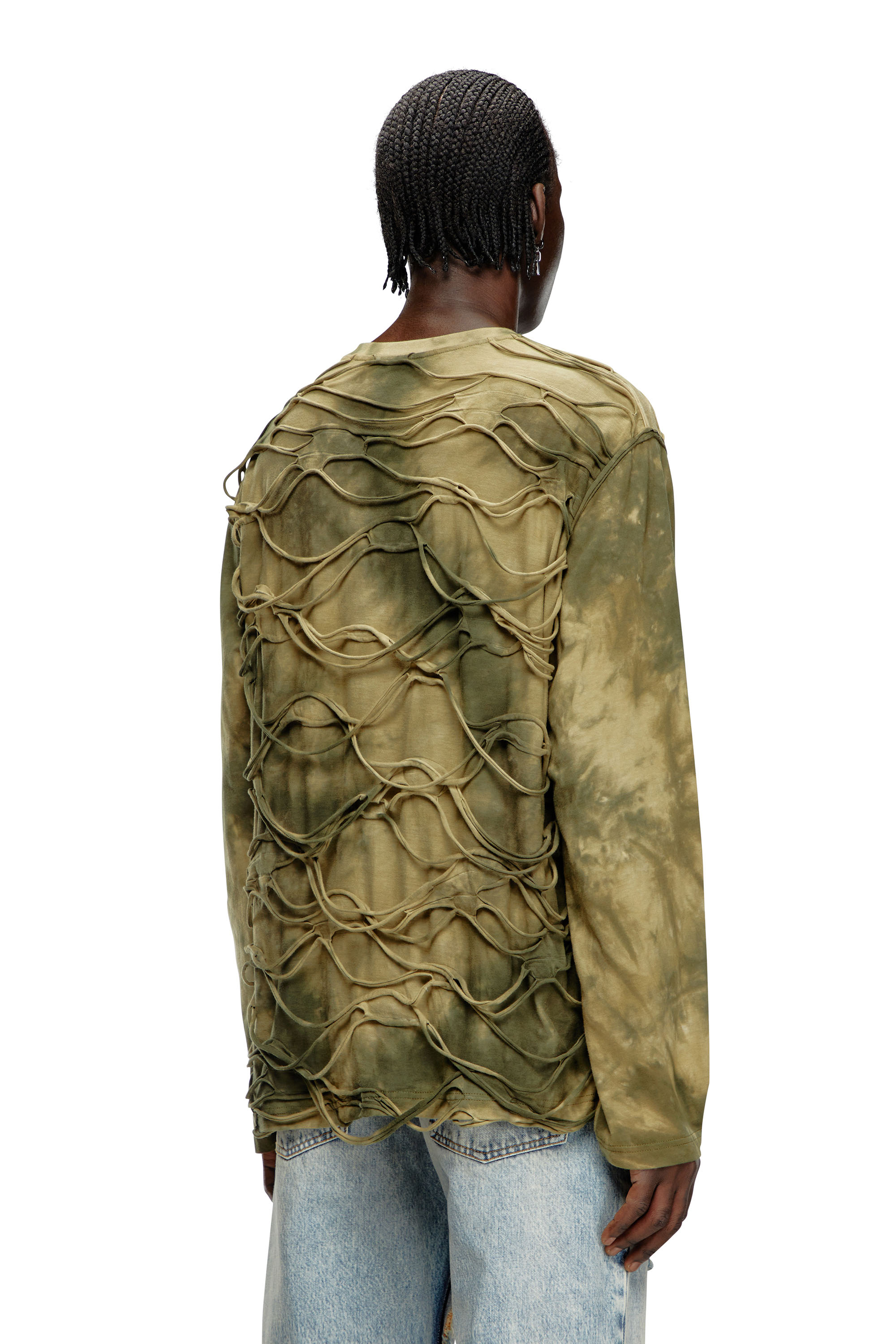 Diesel - T-CRANET-LS, Man's Long-sleeve T-shirt with floating strands in Military Green - 4