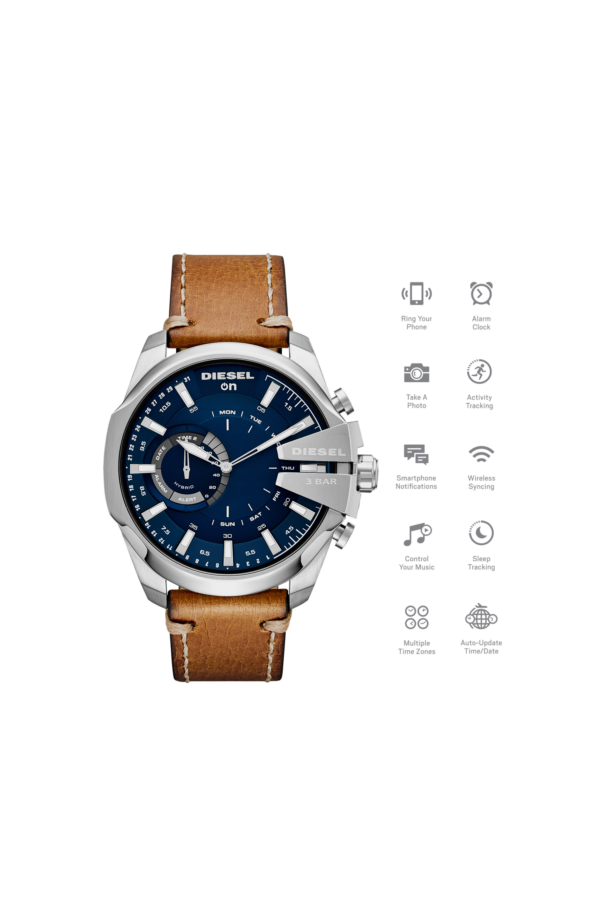 Diesel - DT1009, Man's Mega Chief Hybrid smartwatch with brown leather strap, 48 mm in Brown - 1