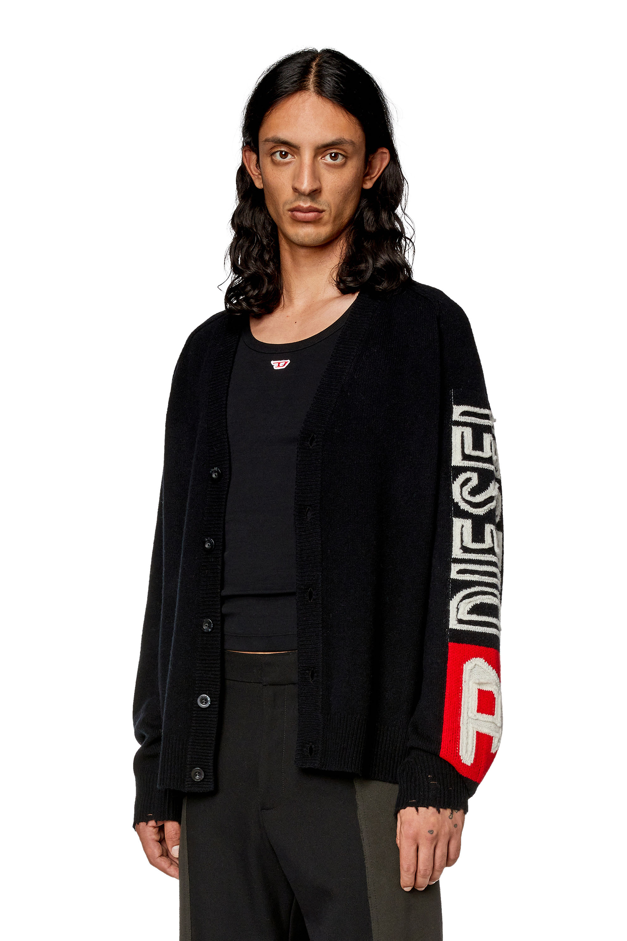 Diesel - K-SARRI, Man's Wool cardigan with cut-up logo in Black - 1