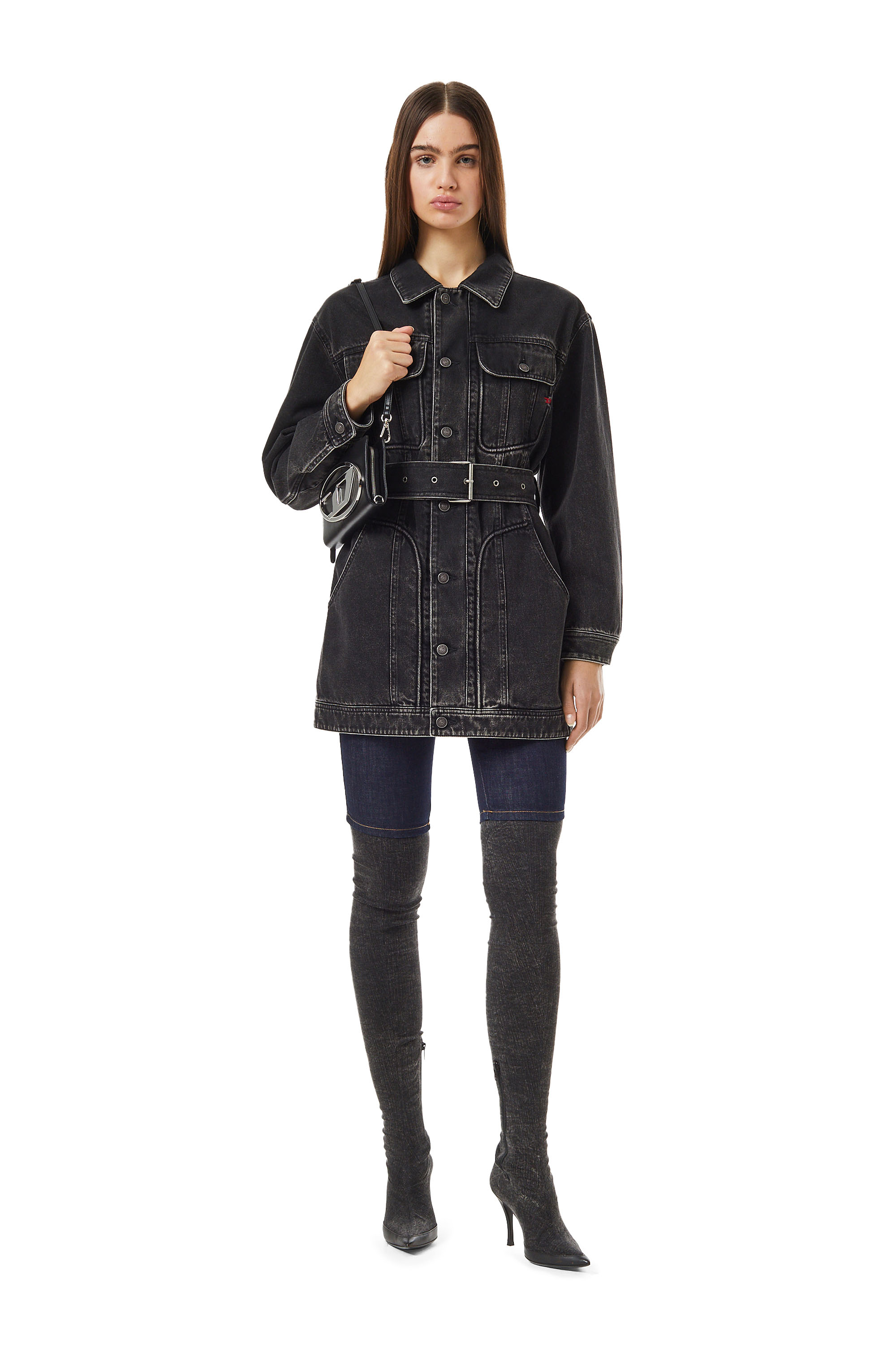 Diesel - DE-FLAMINIA TRUCKER COAT, Woman's Trucker coat in Black/Dark grey - 2