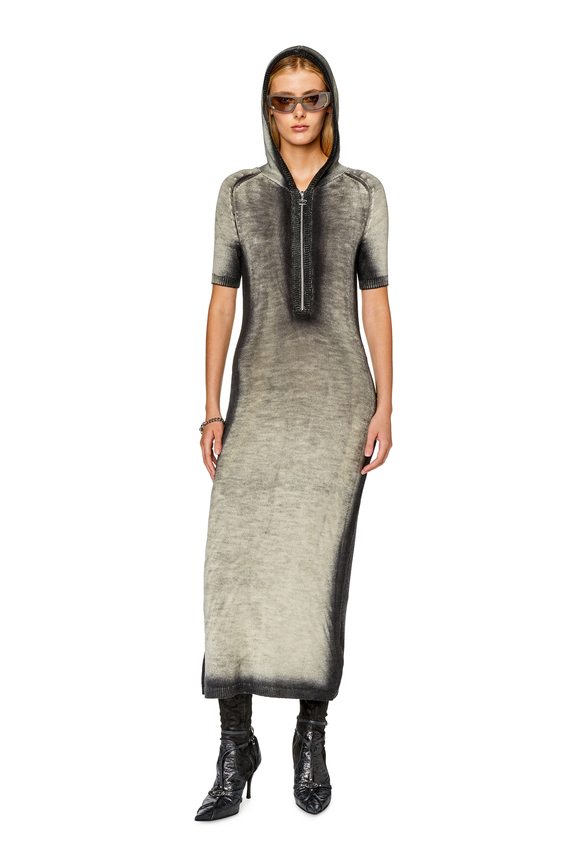 Diesel - M-KEA, Woman's Hooded wool dress with half-zip in Grey - 1