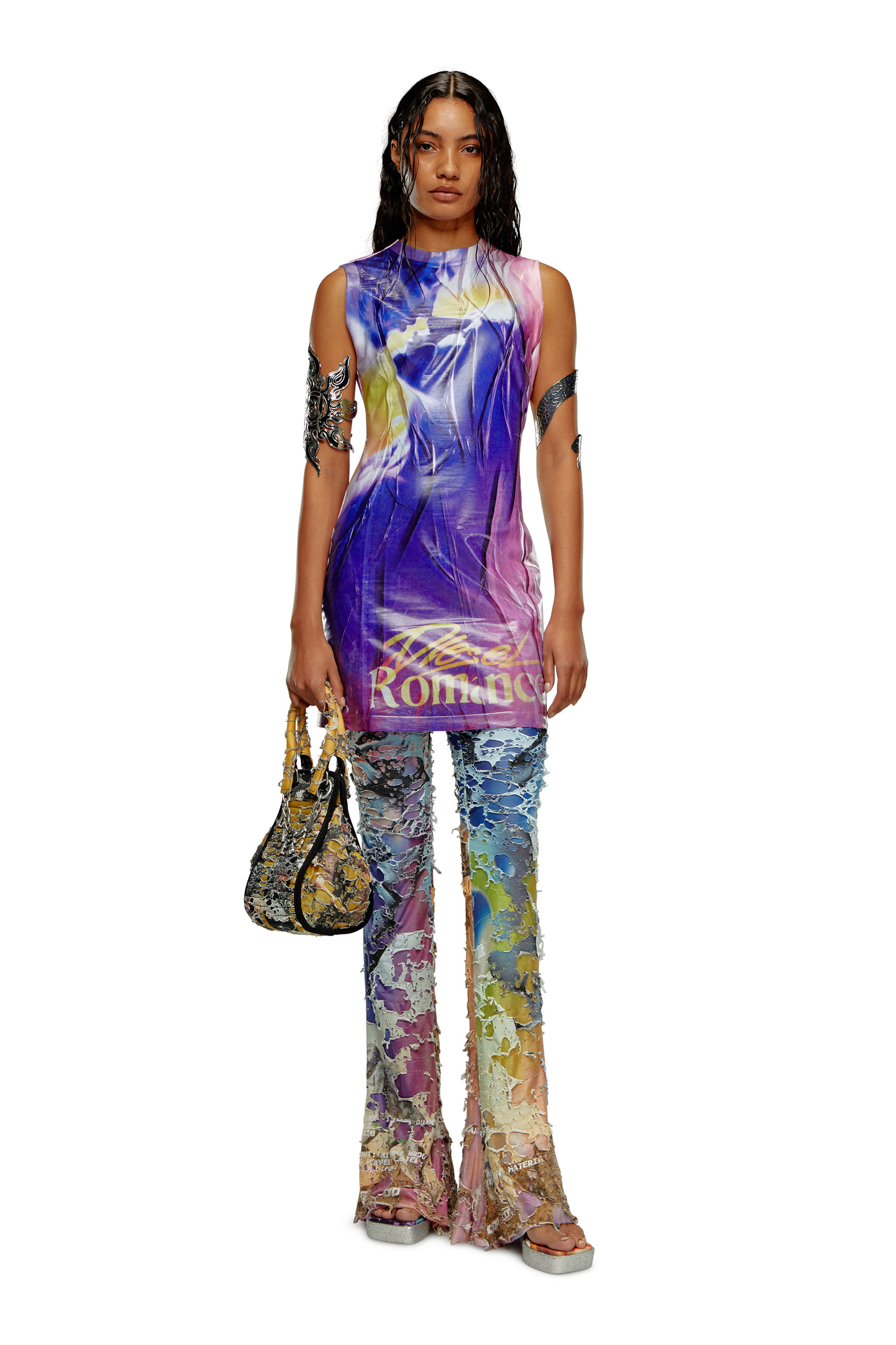 Diesel - P-MAYIM, Woman's Destroyed pants with cinema prints in Blue/Pink - 2