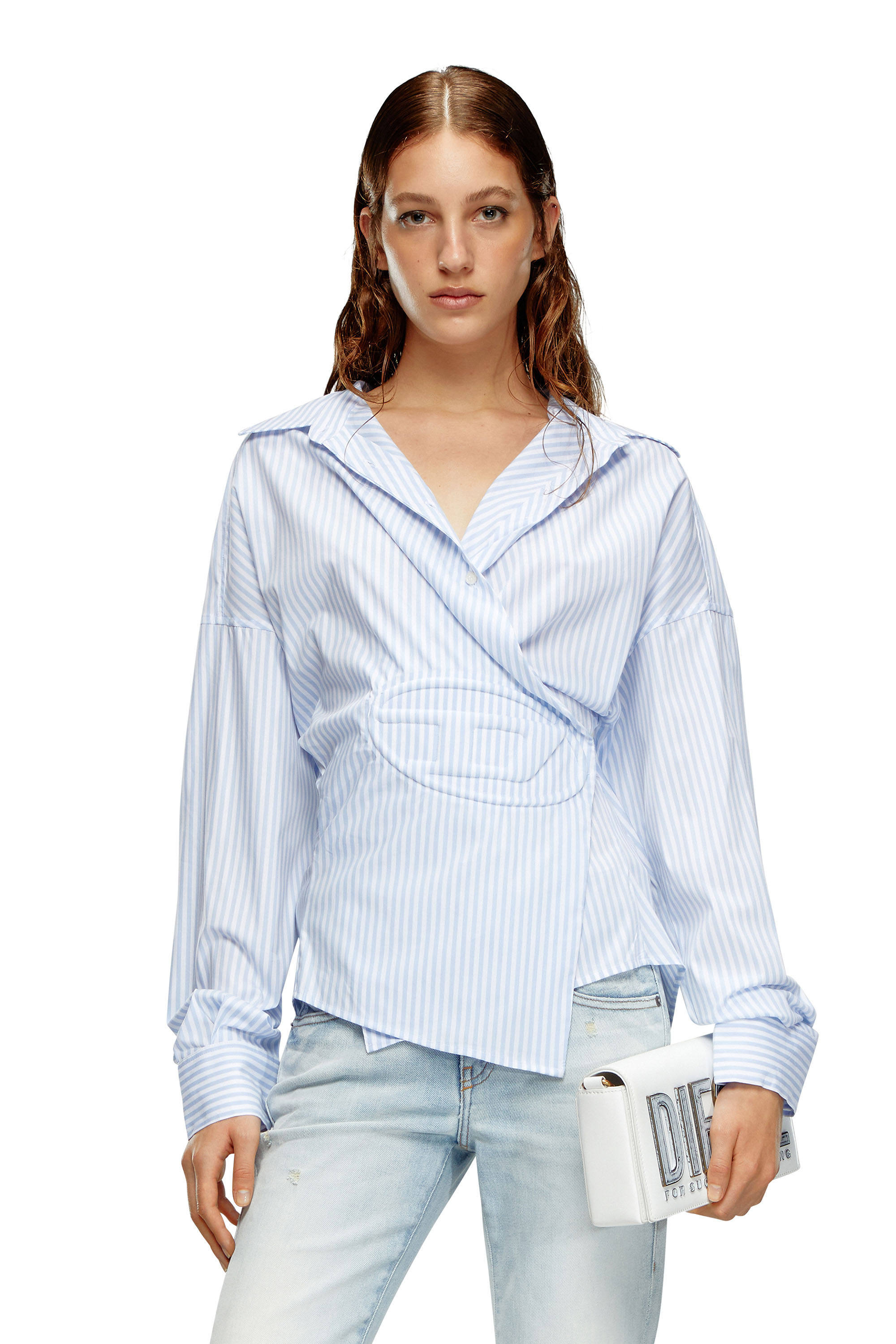 Diesel - C-SIZ-N2, Woman's Striped wrap shirt with embossed logo in Light Blue - 1
