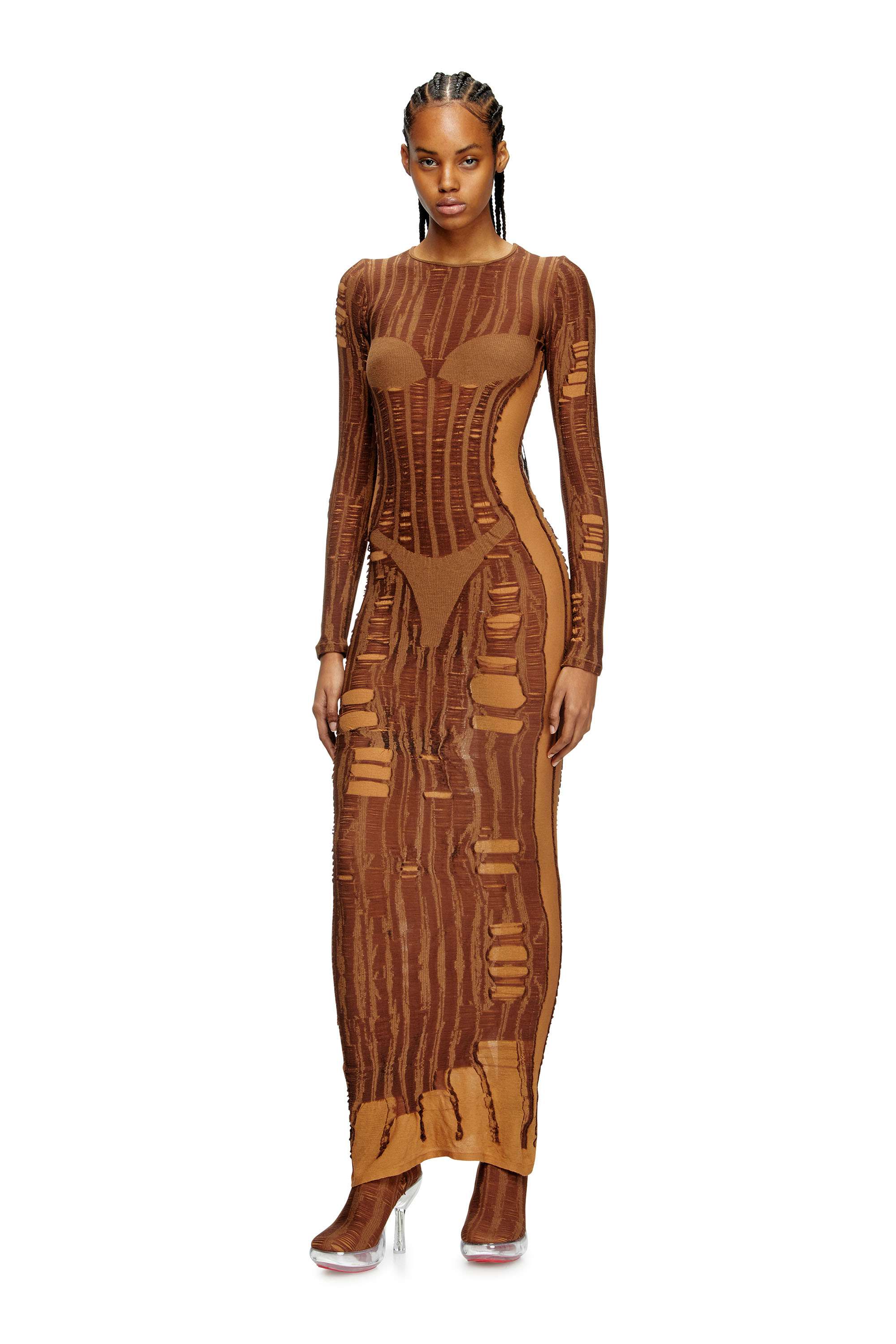 Diesel - M-CALIMERA, Woman's Maxi dress in distressed second-skin knit in Brown - 1