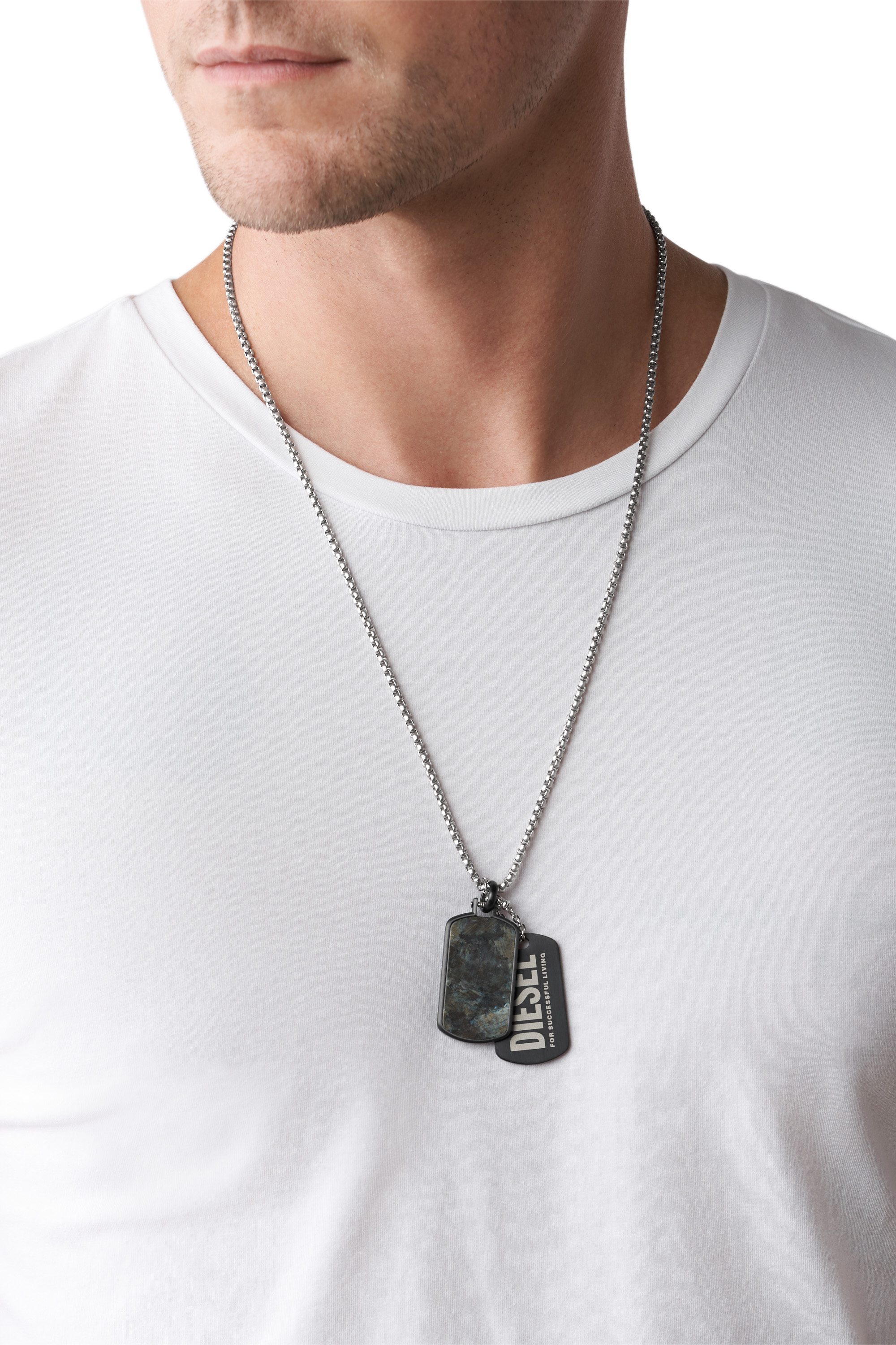 Diesel - DX1327, Man's Labradorite and Stainless Steel Dog Tag Necklace in Black/Green - 3