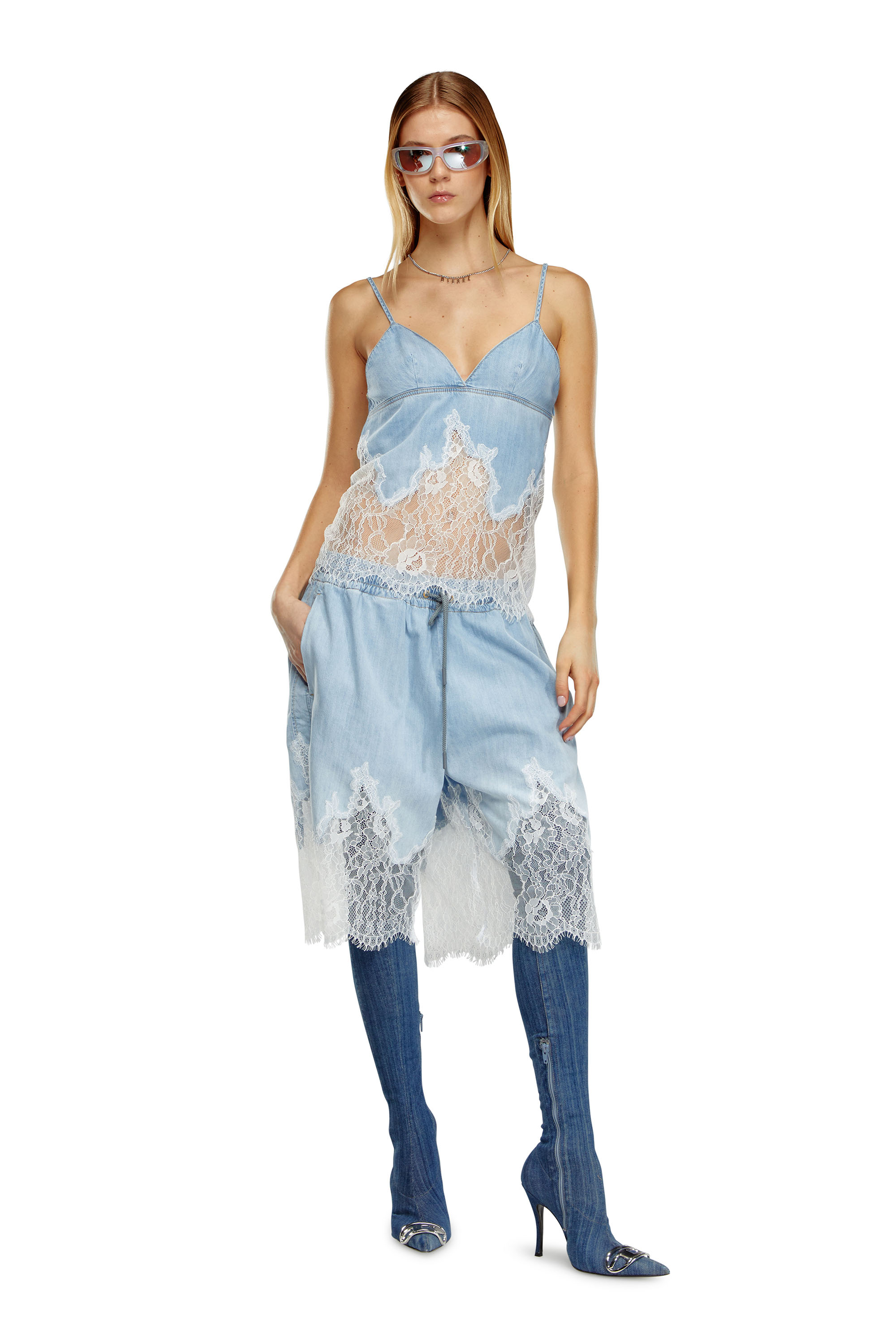 Diesel - DE-MALKIA-S, Woman's Bermuda shorts in denim and lace in Light Blue - 2