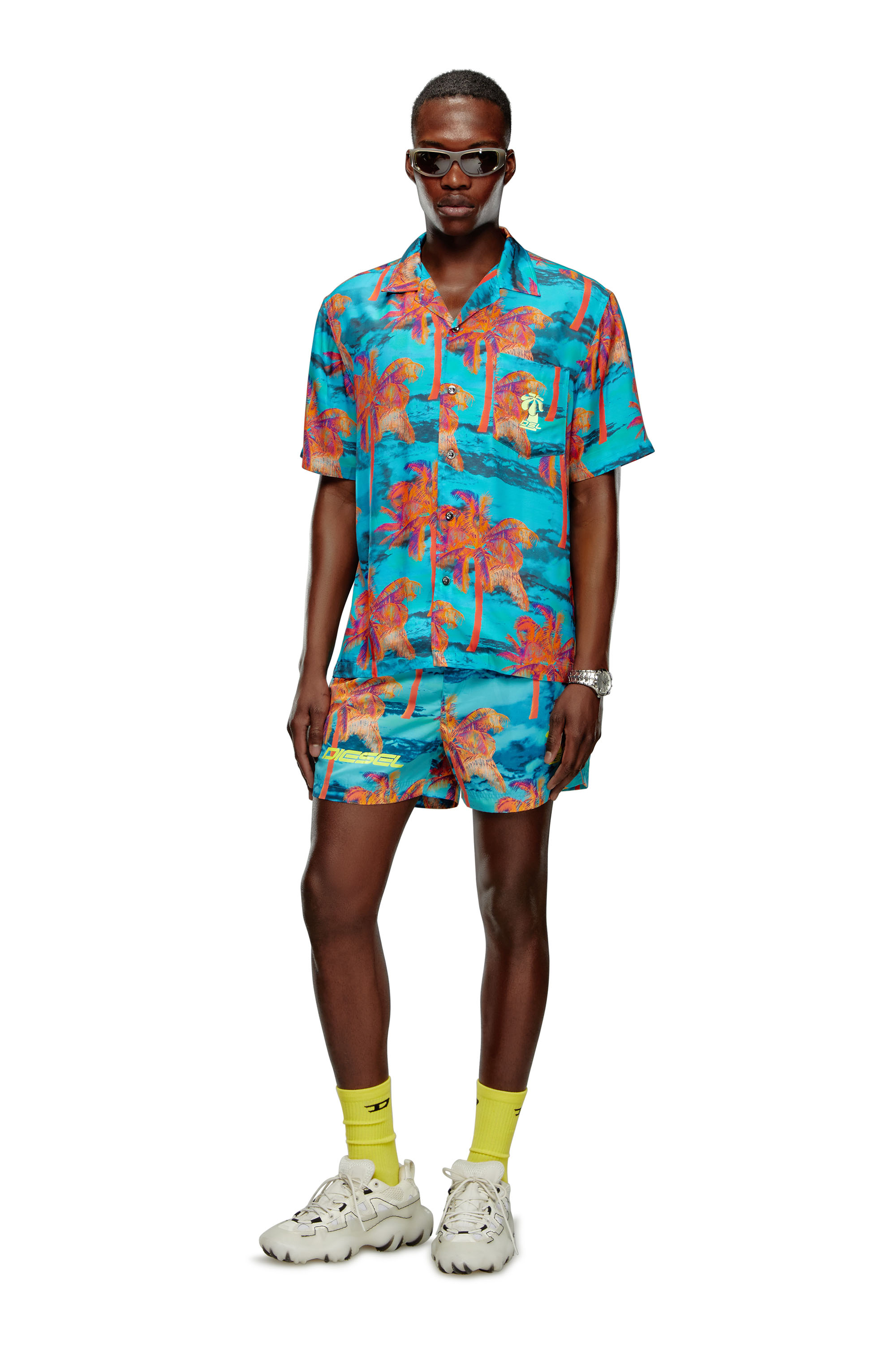 Diesel - BMOWT-ADRIAN, Man's Beach shirt with palm trees print in Blue - 2