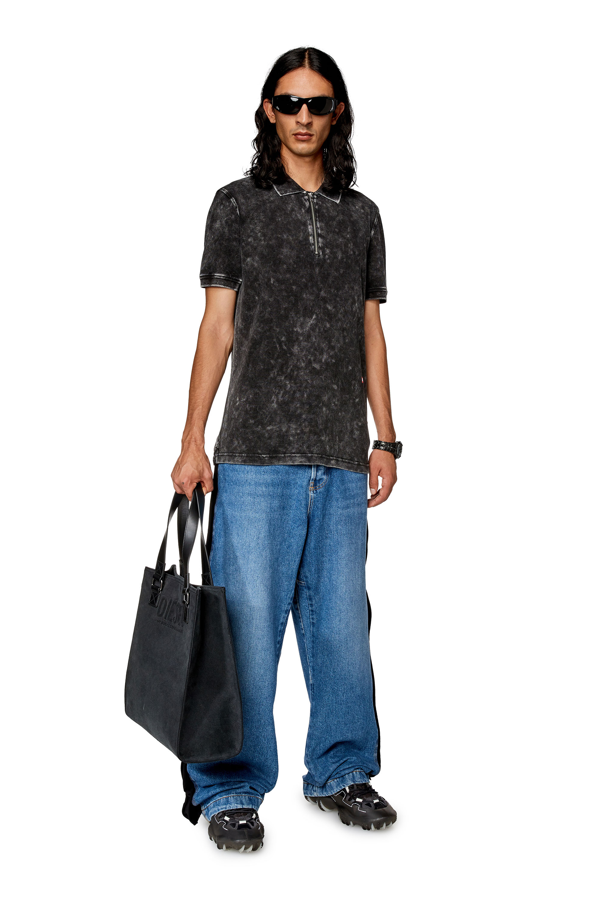 Diesel - T-SMITH-ZIP, Man's Polo shirt in faded piqué in Black - 2