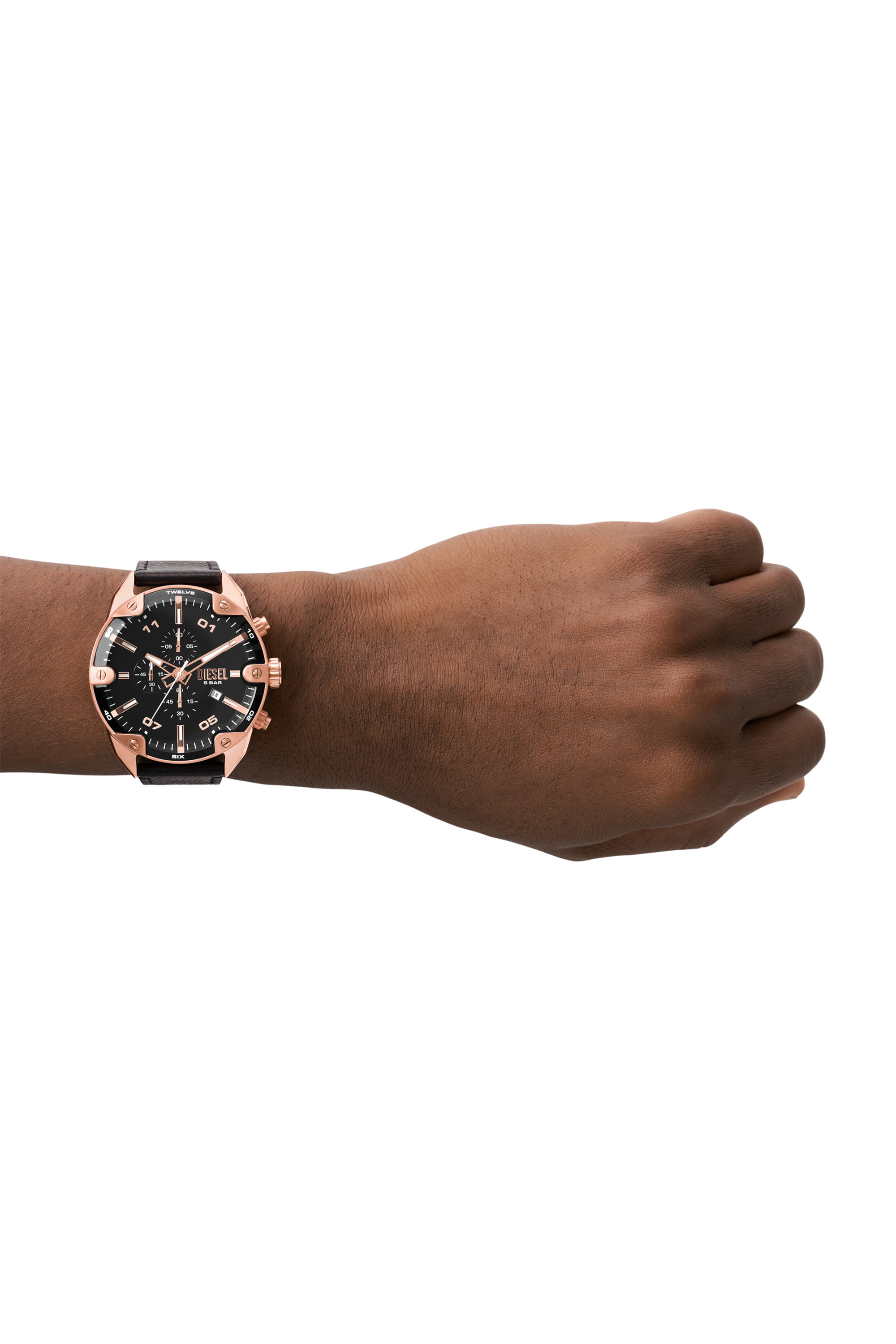 Diesel - DZ4607, Man's Spiked Chronograph Black Leather Watch in Black/Pink - 4