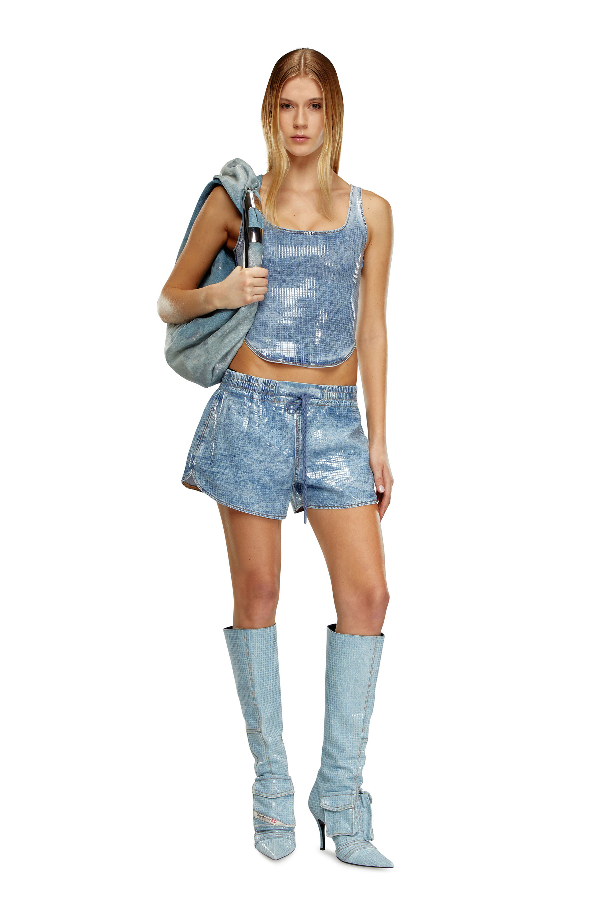 Diesel - DE-SUNNY-S, Woman's Track shorts in sequin denim in Light Blue - 2