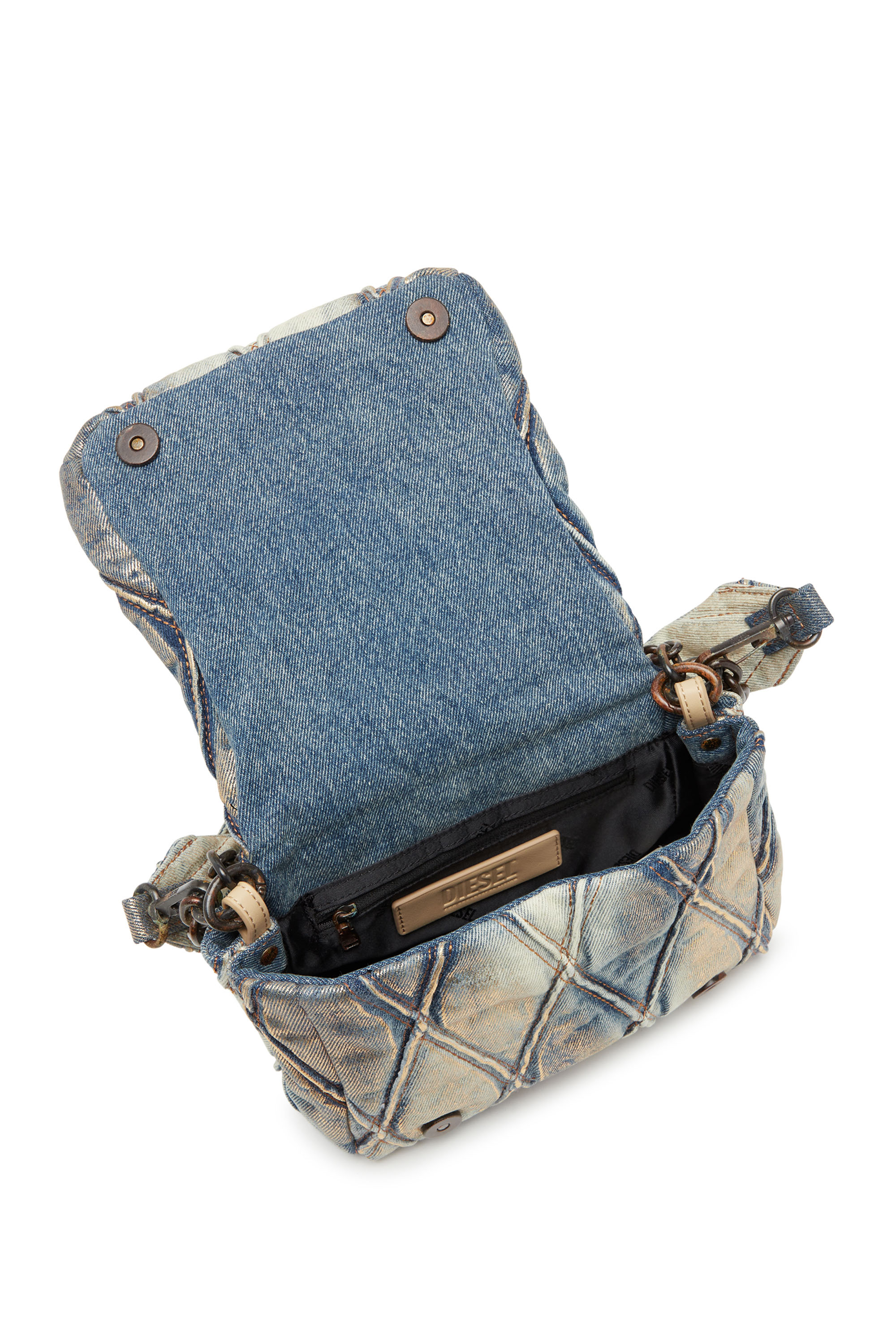 Diesel - CHARM-D SHOULDER S, Woman's Charm-D S-Small shoulder bag in metallic quilted denim in Blue/Gold - 4